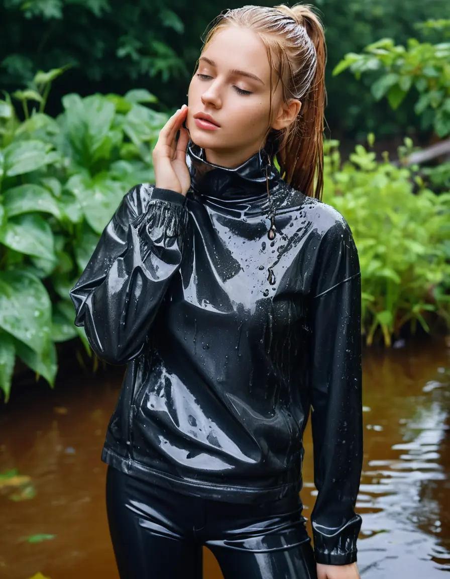 photo of young woman, in soaking wet, drenched clothes,
ankle boots, wet silber satin office trousers or skirt, slim fit black biker leatherjacket,  tight grey turtleneck sweater, handbag, pearl necklace, Fifteen years horny blonde teenage girl with her Friends holds her hand over her mouth and nose submerged in little sunny garden pond, open mouth, big eyes, 
enjoying, wet clothes stuck to body,
detailed textures of the wet clothes, wet face, wet plastered hair,
wet, drenched, professional, high-quality details, full body view.
sharp focus, ultra-high pixel detail, realistic, high-quality, full colors, incredibly detailed, 4k, 8k, 16k, hyper-realistic, RAW photo, masterpiece, ultra-detailed, professionally color graded, professional photograph, Fifteen years old, completely soaked, completely dripping wet from head to toe, very wet clothes, dripping wet hair, sleek long straight hair, sleek ponytail, worried and embarrassed facial expression, slight yawn, moaning,  all girls wear different styles of clothes, she takes her handbag with her in the water, a lot of people stands in the background, close-up, view from above, highly realistic representation, ultra sharp focus, highly photorealistic detailed facial features and expressions, highly photorealistic hands, highly best quality, highly sharp photorealistic image, highly photorealistic details, highest photorealistic wet clothes, full UHD resolution, highest photorealistic sharpness of the image, 32 K