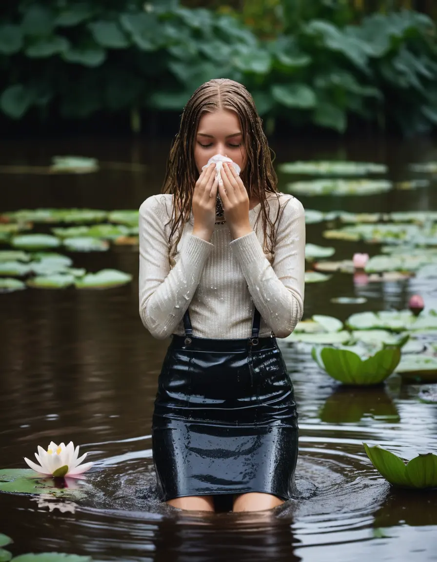 photo of young woman, in soaking wet, drenched clothes,
ankle boots, Leather skirt, slim fit black biker leatherjacket,  tight white turtleneck sweater, handbag, pearl necklace, Fifteen years horny blonde teenage girl with her Friends holds her hand over her mouth and nose submerged in sunny lake with water lilies, open mouth, big eyes, 
enjoying, wet clothes stuck to body,
detailed textures of the wet clothes, wet face, wet plastered hair,
wet, drenched, professional, high-quality details, full body view.
sharp focus, ultra-high pixel detail, realistic, high-quality, full colors, incredibly detailed, 4k, 8k, 16k, hyper-realistic, RAW photo, masterpiece, ultra-detailed, professionally color graded, professional photograph, Fifteen years old, completely soaked, completely dripping wet from head to toe, very wet clothes, sleek long straight hair, worried and embarrassed facial expression, slight yawn, moaning,  all girls wear different styles of clothes, she takes her handbag with her in the water, a lot of people stands in the background, close-up, view from above, highly realistic representation, ultra sharp focus, highly photorealistic detailed facial features and expressions, highly photorealistic hands, highly best quality, highly sharp photorealistic image, highly photorealistic details, highest photorealistic wet clothes, full UHD resolution, highest photorealistic sharpness of the image, 32 K