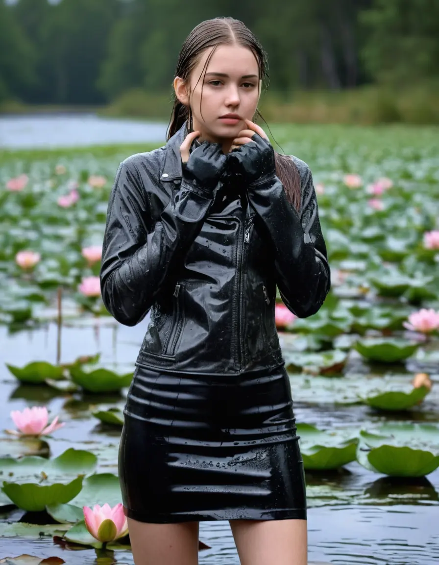photo of young woman, in soaking wet, drenched clothes,
ankle boots, Tight mini Leather skirt, slim fit black biker leatherjacket,  tight grey turtleneck sweater, handbag, pearl necklace, Fifteen years horny blonde teenage girl with her Friends holds her hand over her mouth and nose submerged in sunny lake with water lilies, open mouth, big eyes, 
enjoying, wet clothes stuck to body,
detailed textures of the wet clothes, wet face, wet plastered hair,
wet, drenched, professional, high-quality details, full body view.
sharp focus, ultra-high pixel detail, realistic, high-quality, full colors, incredibly detailed, 4k, 8k, 16k, hyper-realistic, RAW photo, masterpiece, ultra-detailed, professionally color graded, professional photograph, Fifteen years old, completely soaked, completely dripping wet from head to toe, very wet clothes, dripping wet hair, sleek long straight hair, sleek ponytail, worried and embarrassed facial expression, slight yawn, moaning,  all girls wear different styles of clothes, she takes her handbag with her in the water, a lot of people stands in the background, close-up, view from above, highly realistic representation, ultra sharp focus, highly photorealistic detailed facial features and expressions, highly photorealistic hands, highly best quality, highly sharp photorealistic image, highly photorealistic details, highest photorealistic wet clothes, full UHD resolution, highest photorealistic sharpness of the image, 32 K