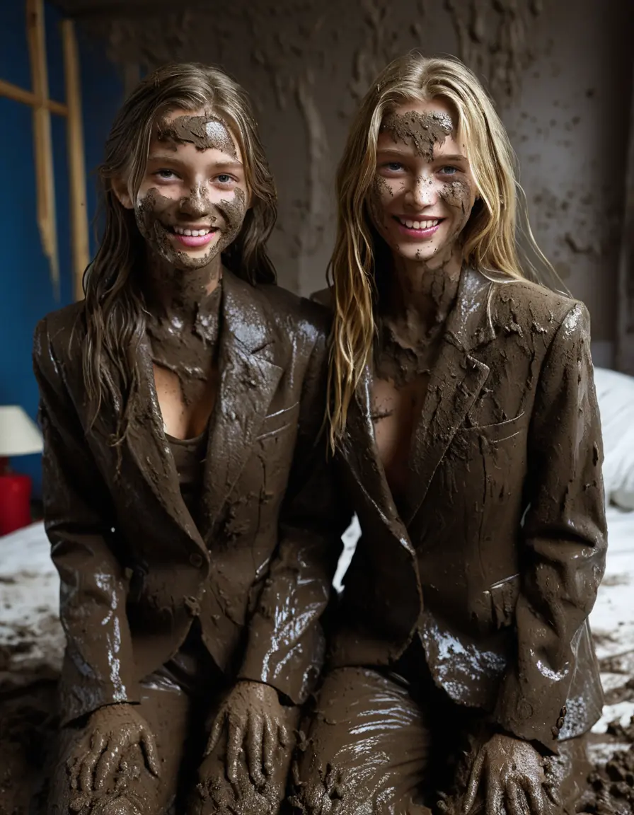 photo of young woman, in soaking wet, drenched clothes,
Muddy high heels, Long very muddy suit pants, Full muddy ruined fully-opened blazer like a fancy uniform over topless with exposed clean boobs., Muddy party in a dark muddy indoor bedroom. Mud splashed walls with mud-flooded floor. Dark mood lighting with pink and blue neon lights. Muddy furnitures and mud-covered bed.., 
enjoying, wet clothes stuck to body,
detailed textures of the wet clothes, wet face, wet plastered hair,
wet, drenched, professional, high-quality details, full body view.
sharp focus, ultra-high pixel detail, realistic, high-quality, full colors, incredibly detailed, 4k, 8k, 16k, hyper-realistic, RAW photo, masterpiece, ultra-detailed, professionally color graded, professional photograph, Two young pretty cute innocent blonde teen 13 years old girls are kneeling on the muddy double bed while they are hugging each other. They are wearing their fully and heavily mud-covered opened suits. Thick mud on their blazers. Every small details of the clothes are muddy, but their faces, their chests and their boobs are clean for the photo. Their blazer has the same colour as their muddy pants. They are proudly wearing their expensive open blazers. The classy elegant room is totally destroyed by mud, deep liquid mud on the bed, on the floor, mud spots everywhere, mud flows down on the walls, muddy pillows, muddy bedsheets. Straight very long open wavy hairstyle, muddy hair, smiling and beautiful clean faces, blue eyes, earrings, lipstick. The girls are enjoying to being total muddy on the bed, being sexy, naughty while they are enjoying the muddy fetish party. Realistic boobs and photorealistic detailed smiling facial expressions. Intimate close-up picture about the women from above. Close-up photo, highly realistic representation, ultra sharp focus, highly photorealistic detailed textures, highly photorealistic detailed facial features and expressions, highly photorealistic hands, highly emotional reactions, highly best quality, highly sharp photorealistic image, highly photorealistic details, full UHD resolution, 32 K, very high level of detail and image sharpness, zoomed in