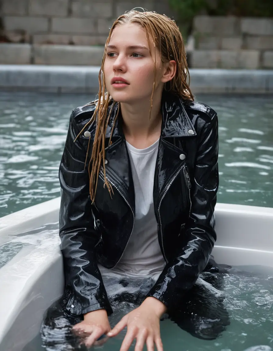 photo of young woman, in soaking wet, drenched clothes,
ankle boots, super skin tight white denim jeans, slim fit black biker leatherjacket,  tight white turtleneck sweater, handbag, pearl necklace, Fifteen years horny blonde teenage girl with her Friends holds her hand over her mouth and nose laying in bath tub, 
enjoying, wet clothes stuck to body,
detailed textures of the wet clothes, wet face, wet plastered hair,
wet, drenched, professional, high-quality details, full body view.
sharp focus, ultra-high pixel detail, realistic, high-quality, full colors, incredibly detailed, 4k, 8k, 16k, hyper-realistic, RAW photo, masterpiece, ultra-detailed, professionally color graded, professional photograph, Fifteen years old, completely soaked, completely dripping wet from head to toe, very wet clothes, sleek long straight hair, worried and embarrassed facial expression, slight yawn, moaning,  all girls wear different styles of clothes, she takes her handbag with her in the water, a lot of people stands in the background, close-up, view from above, highly realistic representation, ultra sharp focus, highly photorealistic detailed facial features and expressions, highly photorealistic hands, highly best quality, highly sharp photorealistic image, highly photorealistic details, highest photorealistic wet clothes, full UHD resolution, highest photorealistic sharpness of the image, 32 K