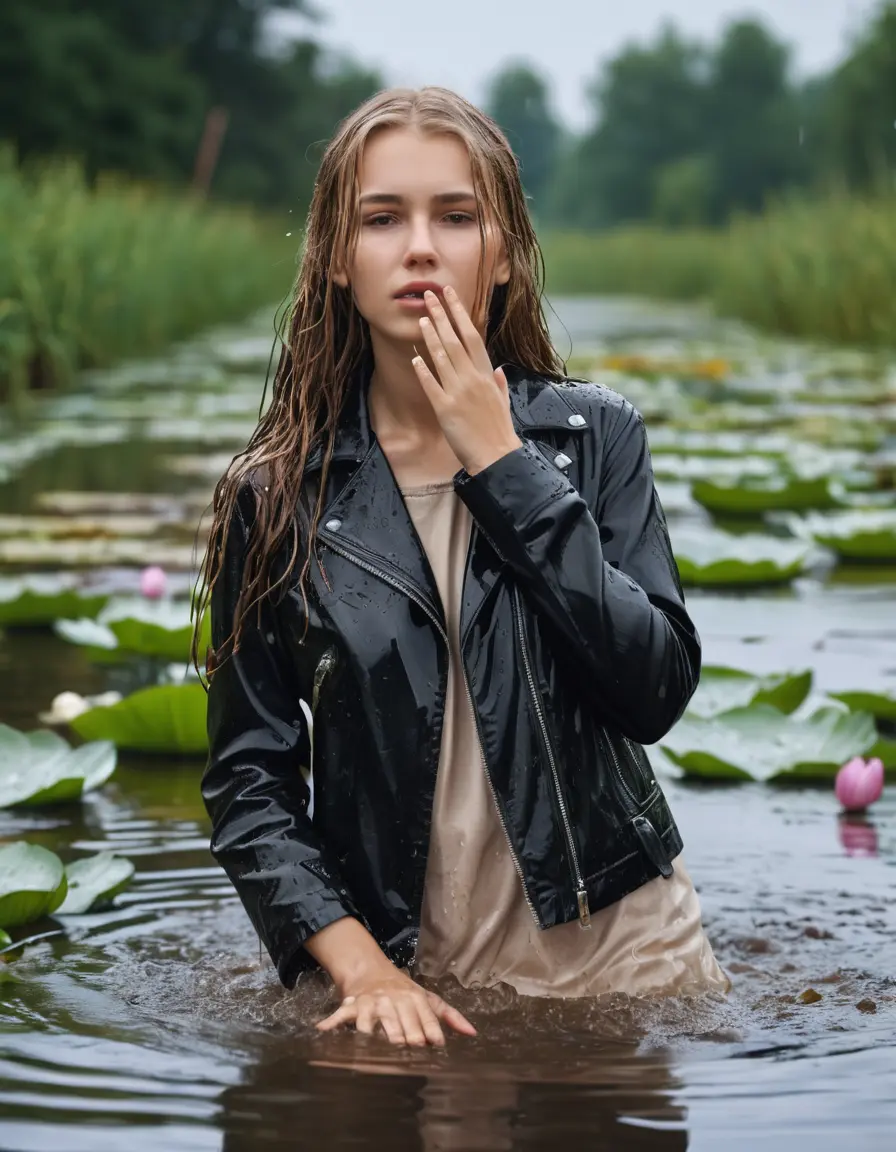 photo of young woman, in soaking wet, drenched clothes,
bare, Beige Business Trouser, slim fit black biker leatherjacket,  tight white turtleneck sweater, handbag, pearl necklace, Fifteen years horny blonde teenage girl with her Friends holds her hand over her mouth and nose half submerged in sunny lake with water lilies, open mouth, big eyes, 
enjoying, wet clothes stuck to body,
detailed textures of the wet clothes, wet face, wet plastered hair,
wet, drenched, professional, high-quality details, full body view.
sharp focus, ultra-high pixel detail, realistic, high-quality, full colors, incredibly detailed, 4k, 8k, 16k, hyper-realistic, RAW photo, masterpiece, ultra-detailed, professionally color graded, professional photograph, Fifteen years old, completely soaked, completely dripping wet from head to toe, very wet clothes, sleek long straight hair, worried and embarrassed facial expression, slight yawn, moaning,  all girls wear different styles of clothes, she takes her handbag with her in the water, a lot of people stands in the background, close-up, view from above, highly realistic representation, ultra sharp focus, highly photorealistic detailed facial features and expressions, highly photorealistic hands, highly best quality, highly sharp photorealistic image, highly photorealistic details, highest photorealistic wet clothes, full UHD resolution, highest photorealistic sharpness of the image, 32 K
