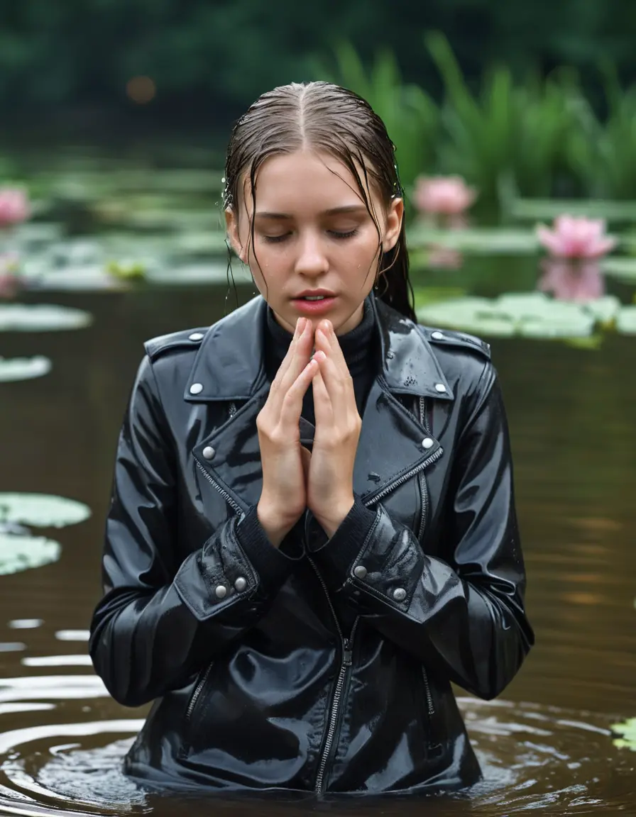 photo of young woman, in soaking wet, drenched clothes,
ankle boots, Tight mini Leather skirt, slim fit black biker leatherjacket,  tight grey turtleneck sweater, handbag, pearl necklace, Fifteen years horny blonde teenage girl with her Friends holds her hand over her mouth and nose submerged in sunny lake with water lilies, open mouth, big eyes, 
enjoying, wet clothes stuck to body,
detailed textures of the wet clothes, wet face, wet plastered hair,
wet, drenched, professional, high-quality details, full body view.
sharp focus, ultra-high pixel detail, realistic, high-quality, full colors, incredibly detailed, 4k, 8k, 16k, hyper-realistic, RAW photo, masterpiece, ultra-detailed, professionally color graded, professional photograph, Fifteen years old, completely soaked, completely dripping wet from head to toe, very wet clothes, dripping wet hair, sleek long straight hair, sleek ponytail, worried and embarrassed facial expression, slight yawn, moaning,  all girls wear different styles of clothes, she takes her handbag with her in the water, a lot of people stands in the background, close-up, view from above, highly realistic representation, ultra sharp focus, highly photorealistic detailed facial features and expressions, highly photorealistic hands, highly best quality, highly sharp photorealistic image, highly photorealistic details, highest photorealistic wet clothes, full UHD resolution, highest photorealistic sharpness of the image, 32 K