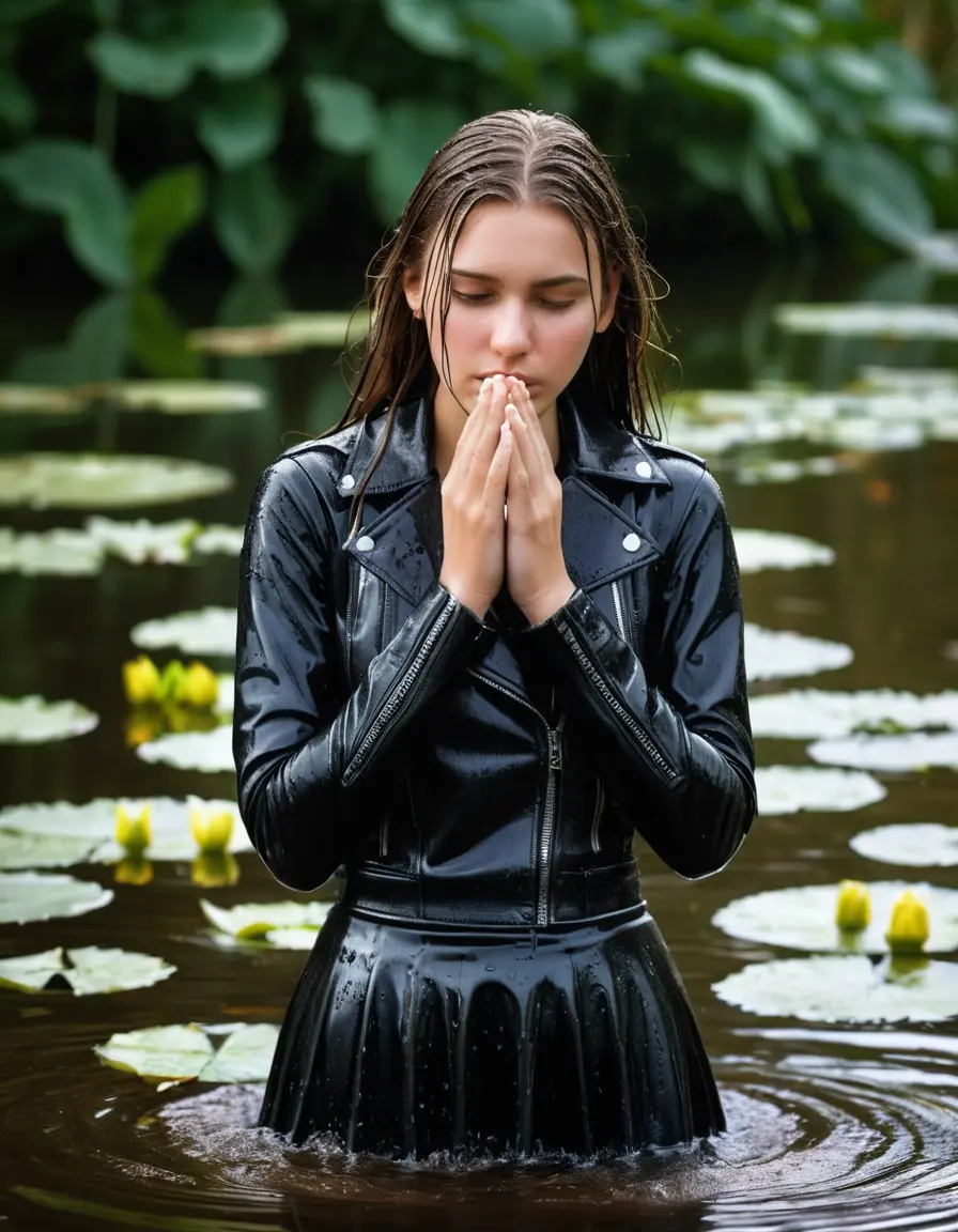 photo of young woman, in soaking wet, drenched clothes,
ankle boots, Leather skirt, slim fit black biker leatherjacket,  tight white turtleneck sweater, handbag, pearl necklace, Fifteen years horny blonde teenage girl with her Friends holds her hand over her mouth and nose submerged in sunny lake with water lilies, open mouth, big eyes, 
enjoying, wet clothes stuck to body,
detailed textures of the wet clothes, wet face, wet plastered hair,
wet, drenched, professional, high-quality details, full body view.
sharp focus, ultra-high pixel detail, realistic, high-quality, full colors, incredibly detailed, 4k, 8k, 16k, hyper-realistic, RAW photo, masterpiece, ultra-detailed, professionally color graded, professional photograph, Fifteen years old, completely soaked, completely dripping wet from head to toe, very wet clothes, sleek long straight hair, worried and embarrassed facial expression, slight yawn, moaning,  all girls wear different styles of clothes, she takes her handbag with her in the water, a lot of people stands in the background, close-up, view from above, highly realistic representation, ultra sharp focus, highly photorealistic detailed facial features and expressions, highly photorealistic hands, highly best quality, highly sharp photorealistic image, highly photorealistic details, highest photorealistic wet clothes, full UHD resolution, highest photorealistic sharpness of the image, 32 K