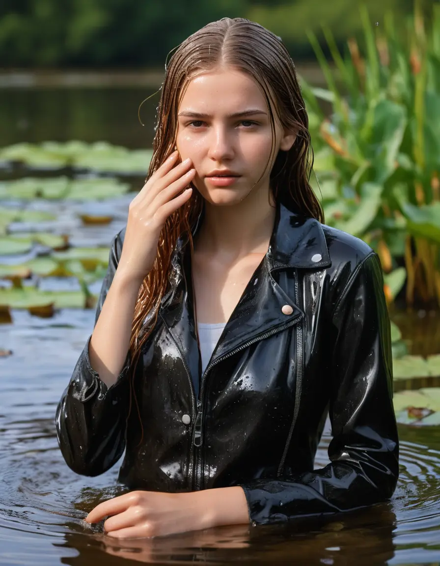 photo of young woman, in soaking wet, drenched clothes,
bare, Beige Business Trouser, slim fit black biker leatherjacket,  tight white turtleneck sweater, handbag, pearl necklace, Fifteen years horny blonde teenage girl with her Friends holds her hand over her mouth and nose half submerged in sunny lake with water lilies, 
enjoying, wet clothes stuck to body,
detailed textures of the wet clothes, wet face, wet plastered hair,
wet, drenched, professional, high-quality details, full body view.
sharp focus, ultra-high pixel detail, realistic, high-quality, full colors, incredibly detailed, 4k, 8k, 16k, hyper-realistic, RAW photo, masterpiece, ultra-detailed, professionally color graded, professional photograph, Fifteen years old, completely soaked, completely dripping wet from head to toe, very wet clothes, sleek long straight hair, worried and embarrassed facial expression, slight yawn, moaning,  all girls wear different styles of clothes, she takes her handbag with her in the water, a lot of people stands in the background, close-up, view from above, highly realistic representation, ultra sharp focus, highly photorealistic detailed facial features and expressions, highly photorealistic hands, highly best quality, highly sharp photorealistic image, highly photorealistic details, highest photorealistic wet clothes, full UHD resolution, highest photorealistic sharpness of the image, 32 K