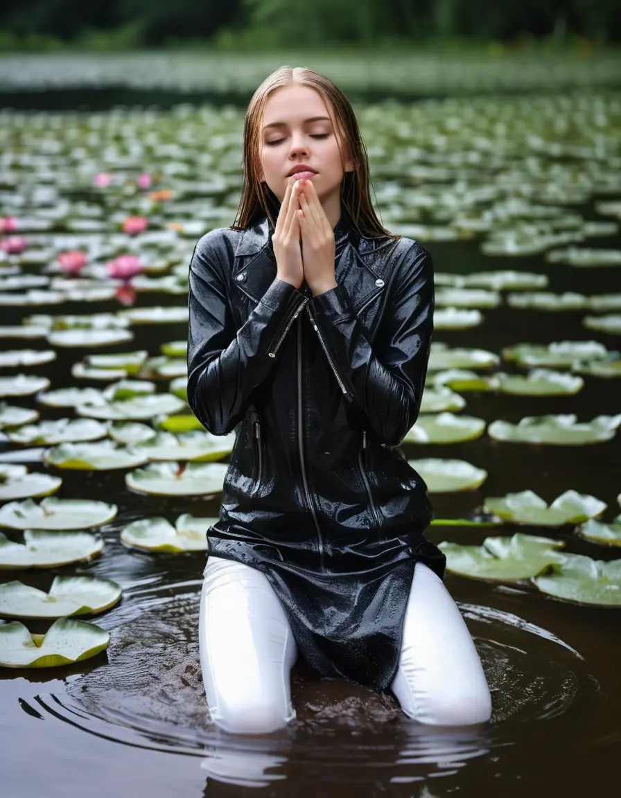 photo of young woman, in soaking wet, drenched clothes,
bare, white pants, slim fit black biker leatherjacket,  tight turtleneck sweater, handbag, pearl necklace, Fifteen years embarrassed horny blonde teenage girl with her Friends holds her hand over her mouth and nose half submerged in sunny lake with water lilies, 
enjoying, wet clothes stuck to body,
detailed textures of the wet clothes, wet face, wet plastered hair,
wet, drenched, professional, high-quality details, full body view.
sharp focus, ultra-high pixel detail, realistic, high-quality, full colors, incredibly detailed, 4k, 8k, 16k, hyper-realistic, RAW photo, masterpiece, ultra-detailed, professionally color graded, professional photograph, Fifteen years old, completely soaked, completely dripping wet from head to toe, very wet clothes, sleek long straight hair, worried and embarrassed facial expression, slight yawn, moaning,  all girls wear different styles of clothes, she takes her handbag with her in the water, a lot of people stands in the background, close-up, view from above, highly realistic representation, ultra sharp focus, highly photorealistic detailed facial features and expressions, highly photorealistic hands, highly best quality, highly sharp photorealistic image, highly photorealistic details, highest photorealistic wet clothes, full UHD resolution, highest photorealistic sharpness of the image, 32 K