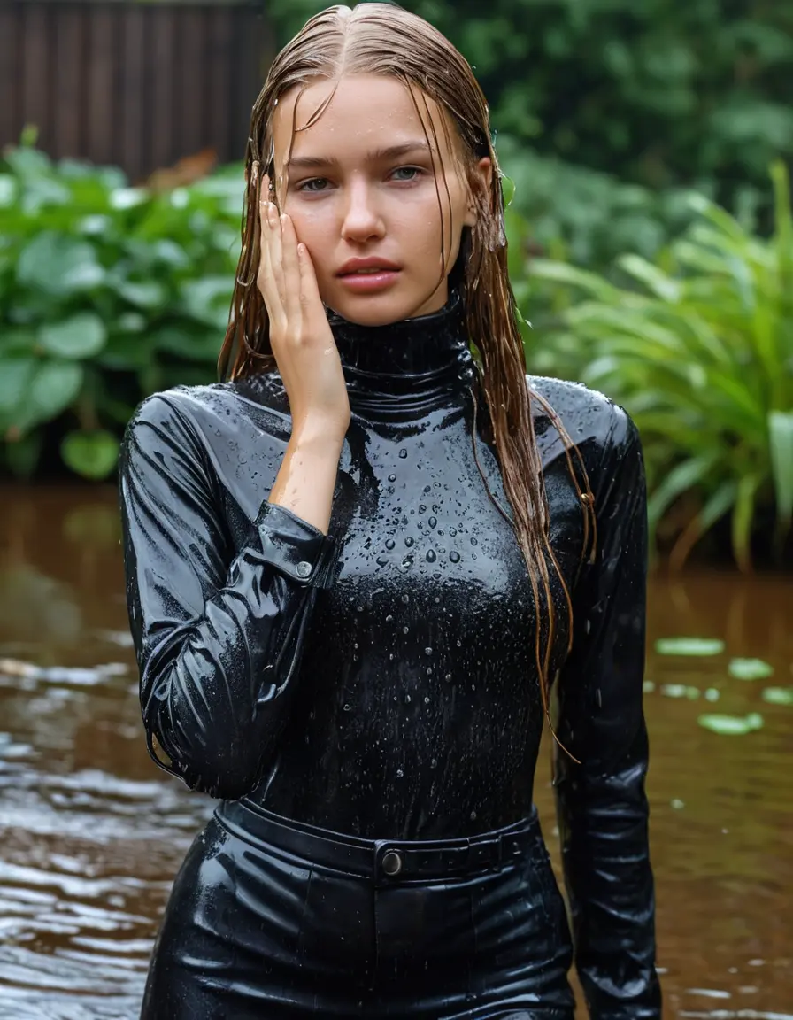 photo of young woman, in soaking wet, drenched clothes,
ankle boots, wet silber satin office trousers or skirt, slim fit black biker leatherjacket, tight grey turtleneck sweater, handbag, pearl necklace, Fifteen years horny blonde teenage girl with her Friends holds her hand over her mouth and nose dunked in little sunny garden pond, open mouth, big eyes, 
enjoying, wet clothes stuck to body,
detailed textures of the wet clothes, wet face, wet plastered hair,
wet, drenched, professional, high-quality details, full body view.
sharp focus, ultra-high pixel detail, realistic, high-quality, full colors, incredibly detailed, 4k, 8k, 16k, hyper-realistic, RAW photo, masterpiece, ultra-detailed, professionally color graded, professional photograph, Fifteen years old, completely soaked, completely dripping wet from head to toe, very wet clothes, dripping wet hair, sleek long straight hair, worried and embarrassed facial expression, slight yawn, moaning,  all girls wear different styles of clothes, she takes her handbag with her in the water, a lot of people stands in the background, close-up, view from above, highly realistic representation, ultra sharp focus, highly photorealistic detailed facial features and expressions, highly photorealistic hands, highly best quality, highly sharp photorealistic image, highly photorealistic details, highest photorealistic wet clothes, full UHD resolution, highest photorealistic sharpness of the image, 32 K