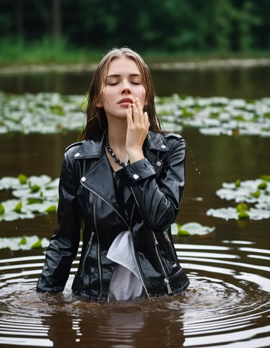 photo of young woman, in soaking wet, drenched clothes,
bare, white pants, slim fit black biker leatherjacket,  tight turtleneck sweater, handbag, pearl necklace, Fifteen years embarrassed horny blonde teenage girl with her Friends holds her hand over her mouth and nose half submerged in sunny lake with water lilies, 
enjoying, wet clothes stuck to body,
detailed textures of the wet clothes, wet face, wet plastered hair,
wet, drenched, professional, high-quality details, full body view.
sharp focus, ultra-high pixel detail, realistic, high-quality, full colors, incredibly detailed, 4k, 8k, 16k, hyper-realistic, RAW photo, masterpiece, ultra-detailed, professionally color graded, professional photograph, Fifteen years old, completely soaked, completely dripping wet from head to toe, very wet clothes, sleek long straight hair, worried and embarrassed facial expression, slight yawn, moaning,  all girls wear different styles of clothes, she takes her handbag with her in the water, a lot of people stands in the background, close-up, view from above, highly realistic representation, ultra sharp focus, highly photorealistic detailed facial features and expressions, highly photorealistic hands, highly best quality, highly sharp photorealistic image, highly photorealistic details, highest photorealistic wet clothes, full UHD resolution, highest photorealistic sharpness of the image, 32 K