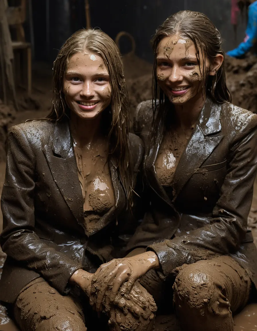 photo of young woman, in soaking wet, drenched clothes,
Muddy high heels, Long very muddy suit pants, Full muddy ruined fully-opened blazer like a fancy uniform over topless with exposed clean boobs., Muddy party in a dark muddy indoor club. Mud splashed walls with mud-flooded floor. Dark mood lighting with pink and blue neon lights. Muddy furnitures and mud-covered chairs and sofas in the background., 
enjoying, wet clothes stuck to body,
detailed textures of the wet clothes, wet face, wet plastered hair,
wet, drenched, professional, high-quality details, full body view.
sharp focus, ultra-high pixel detail, realistic, high-quality, full colors, incredibly detailed, 4k, 8k, 16k, hyper-realistic, RAW photo, masterpiece, ultra-detailed, professionally color graded, professional photograph, Two young pretty cute innocent blonde teen 13 years old girls are sitting in a deep muddy pool while they are hugging each other. They are wearing their fully and heavily mud-covered opened suits. Thick mud on their blazers. Every small details of the clothes are muddy, but their faces, their chests and their boobs are clean for the photo. Their blazer has the same colour as their muddy pants. They are proudly wearing their expensive open blazers. The classy elegant room is totally destroyed by mud, deep liquid mud on the bed, on the floor, mud spots everywhere, mud flows down on the walls, muddy pillows, muddy bedsheets. Straight very long open wavy hairstyle, muddy hair, smiling and beautiful clean faces, blue eyes, earrings, lipstick. The girls are enjoying to being total muddy on the bed, being sexy, naughty while they are enjoying the muddy fetish party. Realistic boobs and photorealistic detailed smiling facial expressions. Intimate close-up picture about the women from above. Close-up photo, highly realistic representation, ultra sharp focus, highly photorealistic detailed textures, highly photorealistic detailed facial features and expressions, highly photorealistic hands, highly emotional reactions, highly best quality, highly sharp photorealistic image, highly photorealistic details, full UHD resolution, 32 K, very high level of detail and image sharpness, zoomed in