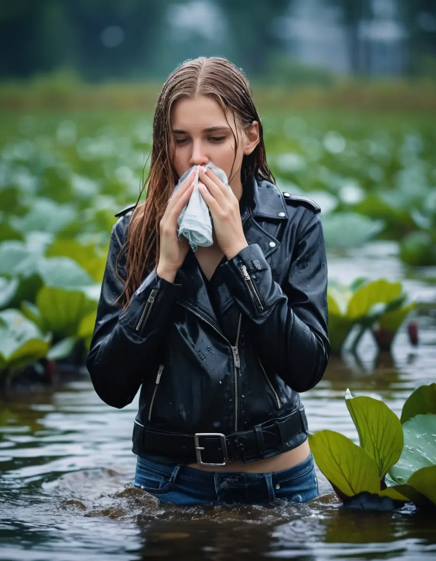 photo of young woman, in soaking wet, drenched clothes,
ankle boots, Super Short jeans, slim fit black biker leatherjacket,  tight white turtleneck sweater, handbag, pearl necklace, Fifteen years horny blonde teenage girl with her Friends holds her hand over her mouth and nose half submerged in sunny lake with water lilies, open mouth, big eyes, 
enjoying, wet clothes stuck to body,
detailed textures of the wet clothes, wet face, wet plastered hair,
wet, drenched, professional, high-quality details, full body view.
sharp focus, ultra-high pixel detail, realistic, high-quality, full colors, incredibly detailed, 4k, 8k, 16k, hyper-realistic, RAW photo, masterpiece, ultra-detailed, professionally color graded, professional photograph, Fifteen years old, completely soaked, completely dripping wet from head to toe, very wet clothes, sleek long straight hair, worried and embarrassed facial expression, slight yawn, moaning,  all girls wear different styles of clothes, she takes her handbag with her in the water, a lot of people stands in the background, close-up, view from above, highly realistic representation, ultra sharp focus, highly photorealistic detailed facial features and expressions, highly photorealistic hands, highly best quality, highly sharp photorealistic image, highly photorealistic details, highest photorealistic wet clothes, full UHD resolution, highest photorealistic sharpness of the image, 32 K