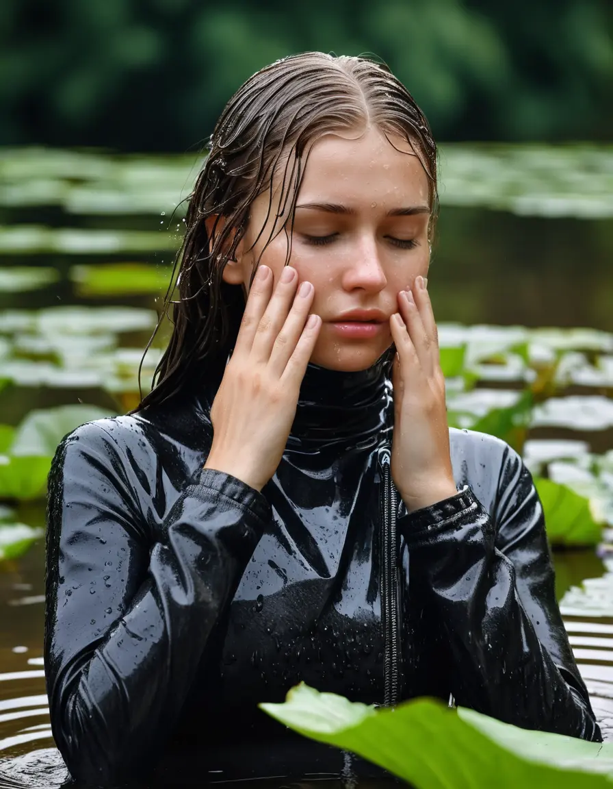 photo of young woman, in soaking wet, drenched clothes,
bare, white pants, slim fit black biker leatherjacket,  tight turtleneck sweater, handbag, pearl necklace, Fifteen years horny blonde teenage girl with her Friends holds her hand over her mouth and nose half submerged in sunny lake with water lilies, 
enjoying, wet clothes stuck to body,
detailed textures of the wet clothes, wet face, wet plastered hair,
wet, drenched, professional, high-quality details, full body view.
sharp focus, ultra-high pixel detail, realistic, high-quality, full colors, incredibly detailed, 4k, 8k, 16k, hyper-realistic, RAW photo, masterpiece, ultra-detailed, professionally color graded, professional photograph, Fifteen years old, completely soaked, completely dripping wet from head to toe, very wet clothes, sleek long straight hair, worried and embarrassed facial expression, slight yawn, moaning,  all girls wear different styles of clothes, she takes her handbag with her in the water, a lot of people stands in the background, close-up, view from above, highly realistic representation, ultra sharp focus, highly photorealistic detailed facial features and expressions, highly photorealistic hands, highly best quality, highly sharp photorealistic image, highly photorealistic details, highest photorealistic wet clothes, full UHD resolution, highest photorealistic sharpness of the image, 32 K