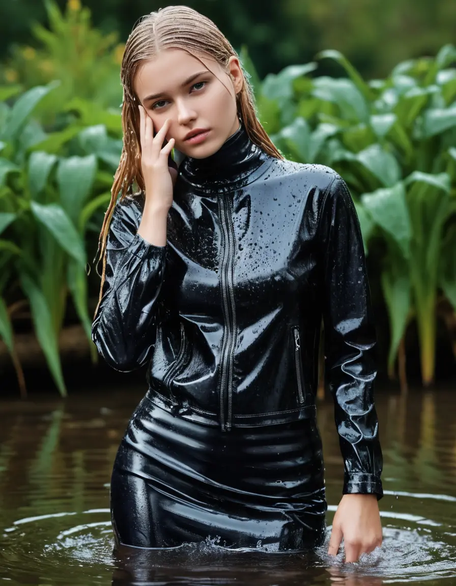 photo of young woman, in soaking wet, drenched clothes,
ankle boots, wet silber satin office trousers or skirt, slim fit black biker leatherjacket, tight grey turtleneck sweater, handbag, pearl necklace, Fifteen years horny blonde teenage girl with her Friends holds her hand over her mouth and nose dunked in little sunny garden pond, open mouth, big eyes, 
enjoying, wet clothes stuck to body,
detailed textures of the wet clothes, wet face, wet plastered hair,
wet, drenched, professional, high-quality details, full body view.
sharp focus, ultra-high pixel detail, realistic, high-quality, full colors, incredibly detailed, 4k, 8k, 16k, hyper-realistic, RAW photo, masterpiece, ultra-detailed, professionally color graded, professional photograph, Fifteen years old, completely soaked, completely dripping wet from head to toe, very wet clothes, dripping wet hair, sleek long straight hair, worried and embarrassed facial expression, slight yawn, moaning,  all girls wear different styles of clothes, she takes her handbag with her in the water, a lot of people stands in the background, close-up, view from above, highly realistic representation, ultra sharp focus, highly photorealistic detailed facial features and expressions, highly photorealistic hands, highly best quality, highly sharp photorealistic image, highly photorealistic details, highest photorealistic wet clothes, full UHD resolution, highest photorealistic sharpness of the image, 32 K
