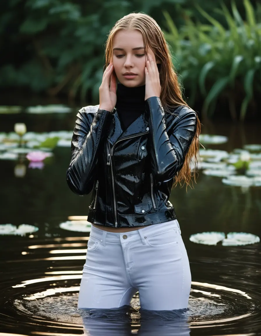 photo of young woman, in soaking wet, drenched clothes,
ankle boots, white pants, slim fit black biker leatherjacket,  tight turtleneck sweater, handbag, pearl necklace, Fifteen years embarrassed horny blonde teenage girl with her Friends holds her hand over her mouth and nose half submerged in sunny lake with water lilies, 
enjoying, wet clothes stuck to body,
detailed textures of the wet clothes, wet face, wet plastered hair,
wet, drenched, professional, high-quality details, full body view.
sharp focus, ultra-high pixel detail, realistic, high-quality, full colors, incredibly detailed, 4k, 8k, 16k, hyper-realistic, RAW photo, masterpiece, ultra-detailed, professionally color graded, professional photograph, Fifteen years old, completely soaked, completely dripping wet from head to toe, very wet clothes, sleek long straight hair, worried and embarrassed facial expression, slight yawn, moaning,  all girls wear different styles of clothes, she takes her handbag with her in the water, a lot of people stands in the background, close-up, view from above, highly realistic representation, ultra sharp focus, highly photorealistic detailed facial features and expressions, highly photorealistic hands, highly best quality, highly sharp photorealistic image, highly photorealistic details, highest photorealistic wet clothes, full UHD resolution, highest photorealistic sharpness of the image, 32 K