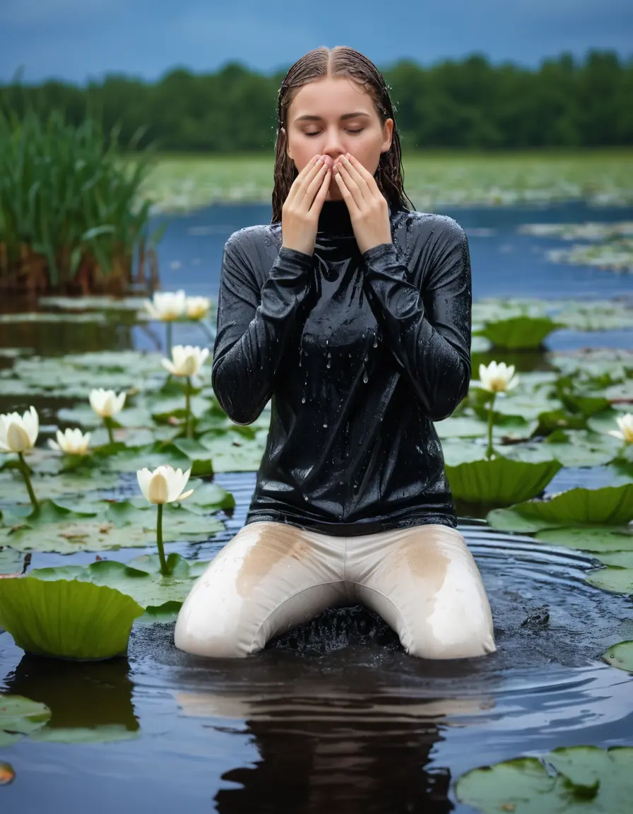 photo of young woman, in soaking wet, drenched clothes,
ankle boots, white pants, slim fit black biker leatherjacket,  tight turtleneck sweater, handbag, pearl necklace, Fifteen years old shocked horny blonde teenage girl with her Friends holds her hand over her mouth and nose half submerged in sunny lake with water lilies after diving, 
enjoying, wet clothes stuck to body,
detailed textures of the wet clothes, wet face, wet plastered hair,
wet, drenched, professional, high-quality details, full body view.
sharp focus, ultra-high pixel detail, realistic, high-quality, full colors, incredibly detailed, 4k, 8k, 16k, hyper-realistic, RAW photo, masterpiece, ultra-detailed, professionally color graded, professional photograph, Fifteen years old, completely soaked, completely dripping wet from head to toe, very wet clothes, sleek long straight hair, worried and embarrassed facial expression, slight yawn, moaning,  all girls wear different styles of clothes, she takes her handbag with her in the water, a lot of people stands in the background, close-up, view from above, highly realistic representation, ultra sharp focus, highly photorealistic detailed facial features and expressions, highly photorealistic hands, highly best quality, highly sharp photorealistic image, highly photorealistic details, highest photorealistic wet clothes, full UHD resolution, highest photorealistic sharpness of the image, 32 K