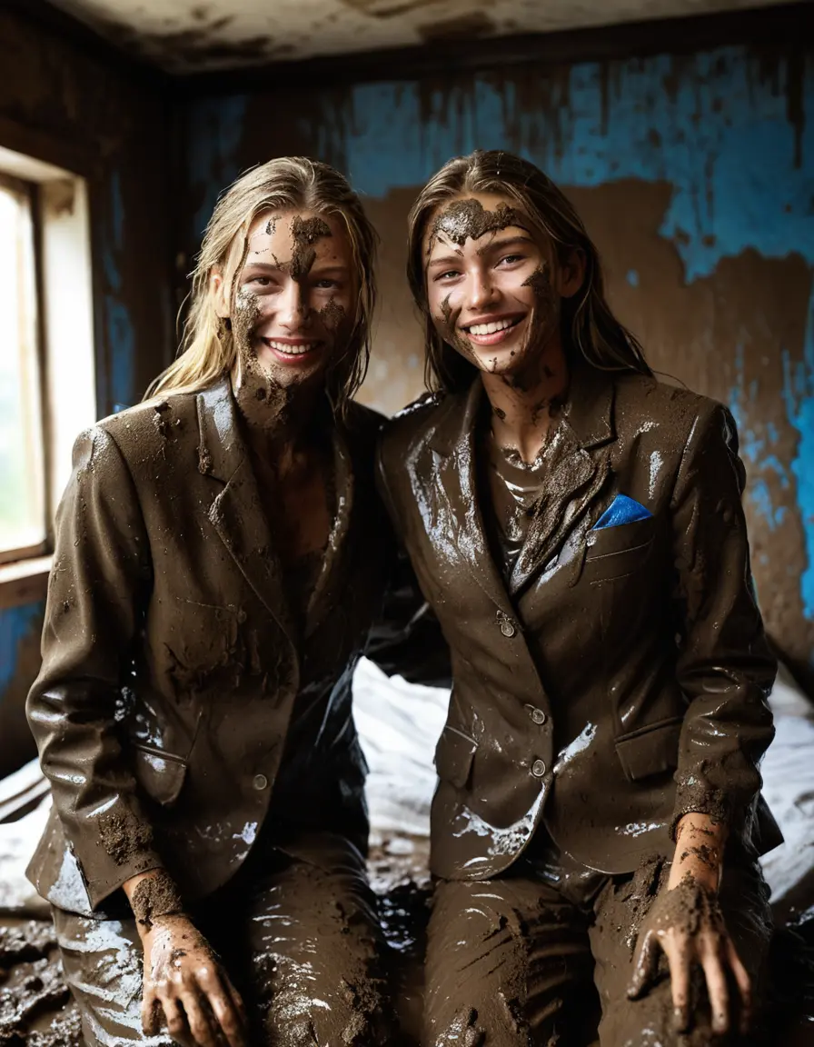 photo of young woman, in soaking wet, drenched clothes,
Muddy high heels, Long very muddy suit pants, Full muddy ruined fully-opened blazer like a fancy uniform over topless with exposed clean boobs., Muddy party in a dark muddy indoor bedroom. Mud splashed walls with mud-flooded floor. Dark mood lighting with pink and blue neon lights. Muddy furnitures and mud-covered bed.., 
enjoying, wet clothes stuck to body,
detailed textures of the wet clothes, wet face, wet plastered hair,
wet, drenched, professional, high-quality details, full body view.
sharp focus, ultra-high pixel detail, realistic, high-quality, full colors, incredibly detailed, 4k, 8k, 16k, hyper-realistic, RAW photo, masterpiece, ultra-detailed, professionally color graded, professional photograph, Two young pretty cute innocent blonde teen 14 years old girls are laying together in the muddy double bed while they are hugging each other. They are wearing their fully and heavily mud-covered opened suits. Thick mud on their blazers. Every small details of the clothes are muddy, but their faces, their chests and their boobs are clean for the photo. Their blazer has the same colour as their muddy pants. They are proudly wearing their expensive open blazers. The classy elegant room is totally destroyed by mud, deep liquid mud on the bed, on the floor, mud spots everywhere, mud flows down on the walls, muddy pillows, muddy bedsheets. Straight very long open wavy hairstyle, muddy hair, smiling and beautiful clean faces, blue eyes, earrings, lipstick. The girls are enjoying to being total muddy on the bed, being sexy, naughty while they are enjoying the muddy fetish party. Realistic boobs and photorealistic detailed smiling facial expressions. Intimate close-up picture about the women from above. Close-up photo, highly realistic representation, ultra sharp focus, highly photorealistic detailed textures, highly photorealistic detailed facial features and expressions, highly photorealistic hands, highly emotional reactions, highly best quality, highly sharp photorealistic image, highly photorealistic details, full UHD resolution, 32 K, very high level of detail and image sharpness, zoomed in