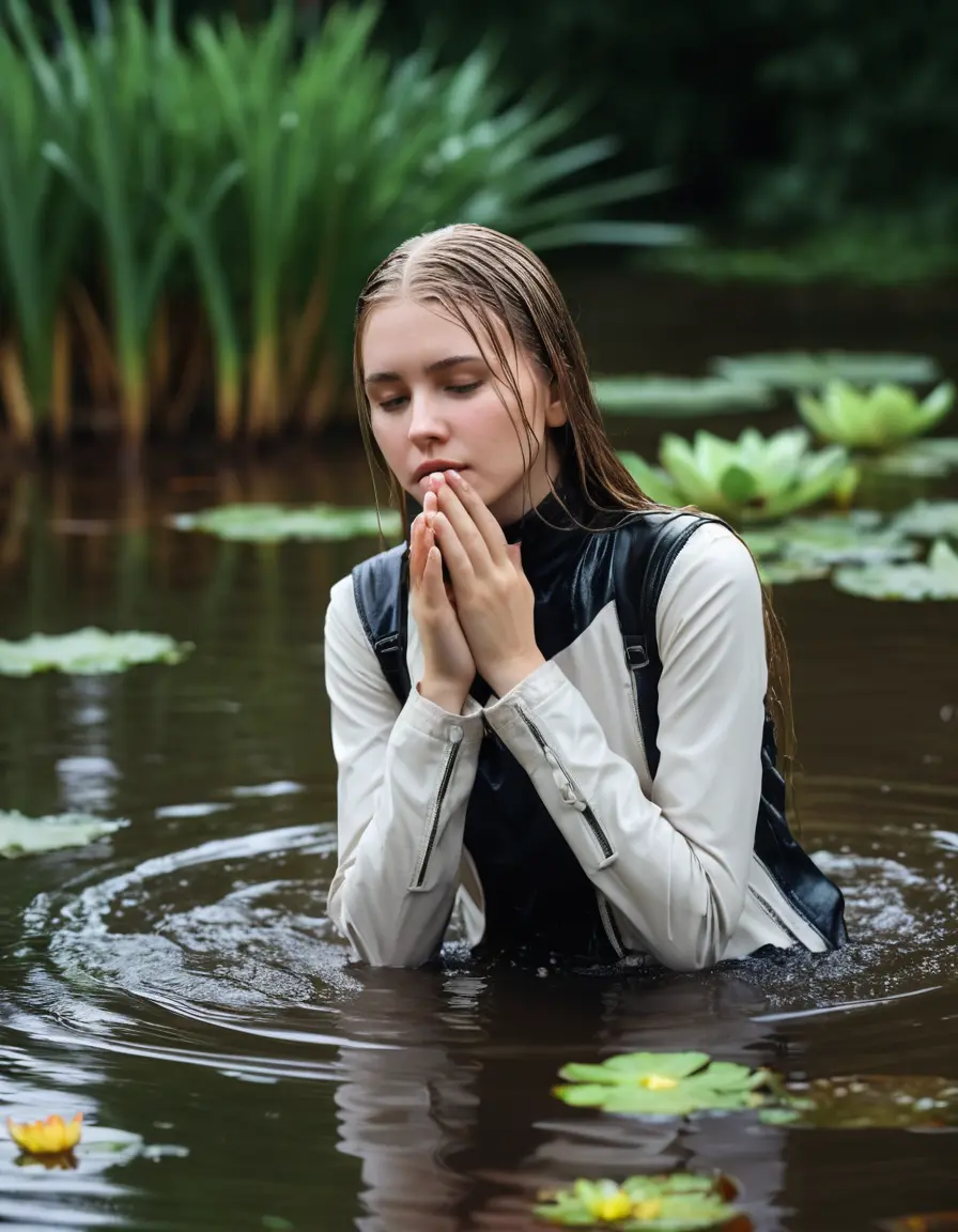 photo of young woman, in soaking wet, drenched clothes,
ankle boots, white pants, slim fit black biker leatherjacket,  tight turtleneck sweater, handbag, pearl necklace, Fifteen years embarrassed horny blonde teenage girl with her Friends holds her hand over her mouth and nose half submerged in sunny lake with water lilies, 
enjoying, wet clothes stuck to body,
detailed textures of the wet clothes, wet face, wet plastered hair,
wet, drenched, professional, high-quality details, full body view.
sharp focus, ultra-high pixel detail, realistic, high-quality, full colors, incredibly detailed, 4k, 8k, 16k, hyper-realistic, RAW photo, masterpiece, ultra-detailed, professionally color graded, professional photograph, Fifteen years old, completely soaked, completely dripping wet from head to toe, very wet clothes, sleek long straight hair, worried and embarrassed facial expression, slight yawn, moaning,  all girls wear different styles of clothes, she takes her handbag with her in the water, a lot of people stands in the background, close-up, view from above, highly realistic representation, ultra sharp focus, highly photorealistic detailed facial features and expressions, highly photorealistic hands, highly best quality, highly sharp photorealistic image, highly photorealistic details, highest photorealistic wet clothes, full UHD resolution, highest photorealistic sharpness of the image, 32 K