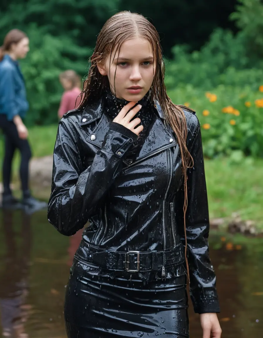 photo of young woman, in soaking wet, drenched clothes,
ankle boots, Black lace tight stockings, slim fit black biker leatherjacket, tight grey turtleneck sweater, handbag, pearl necklace, Fifteen years horny blonde teenage girl with her Friends holds her hand over her mouth and nose dunked in little sunny garden pond, open mouth, big eyes, 
enjoying, wet clothes stuck to body,
detailed textures of the wet clothes, wet face, wet plastered hair,
wet, drenched, professional, high-quality details, full body view.
sharp focus, ultra-high pixel detail, realistic, high-quality, full colors, incredibly detailed, 4k, 8k, 16k, hyper-realistic, RAW photo, masterpiece, ultra-detailed, professionally color graded, professional photograph, Fifteen years old, completely soaked, completely dripping wet from head to toe, very wet clothes, dripping wet hair, sleek long straight hair, worried and embarrassed facial expression, slight yawn, moaning,  all girls wear different styles of clothes, she takes her handbag with her in the water, a lot of people stands in the background, close-up, view from above, highly realistic representation, ultra sharp focus, highly photorealistic detailed facial features and expressions, highly photorealistic hands, highly best quality, highly sharp photorealistic image, highly photorealistic details, highest photorealistic wet clothes, full UHD resolution, highest photorealistic sharpness of the image, 32 K
