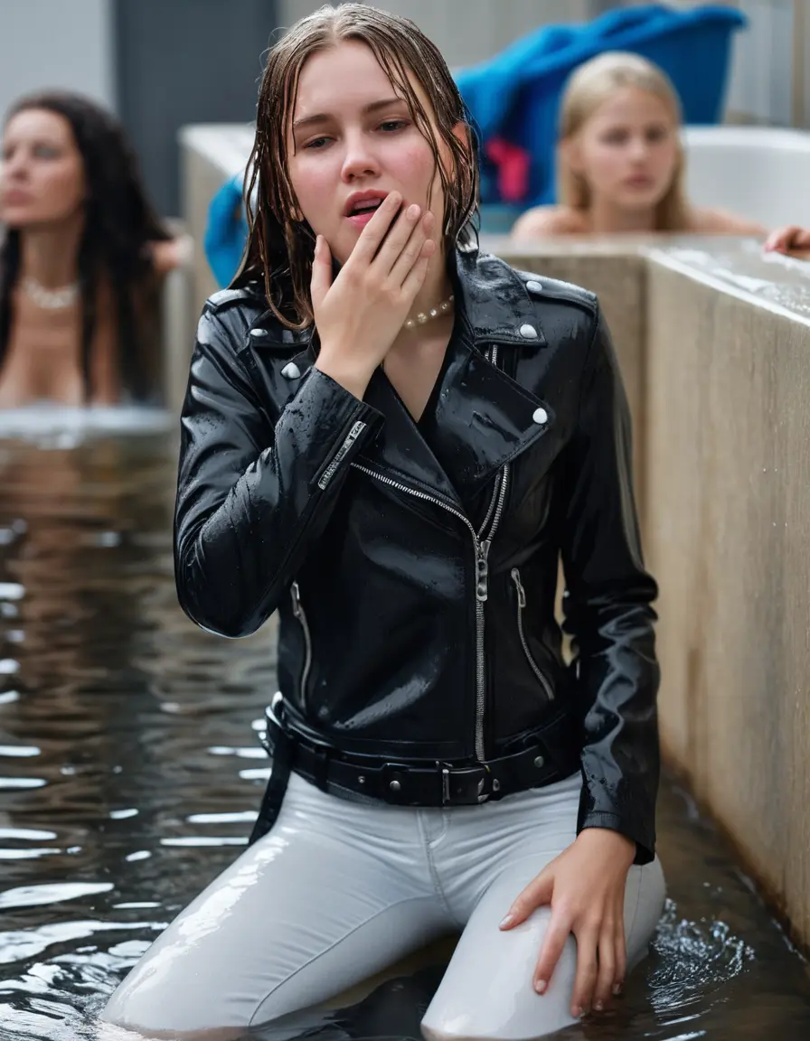 photo of young woman, in soaking wet, drenched clothes,
ankle boots, super skin tight white denim jeans, slim fit black biker leatherjacket,  tight white turtleneck sweater, handbag, pearl necklace, Fifteen years horny blonde teenage girl with her Friends holds her hand over her mouth and nose laying in bath tub, 
enjoying, wet clothes stuck to body,
detailed textures of the wet clothes, wet face, wet plastered hair,
wet, drenched, professional, high-quality details, full body view.
sharp focus, ultra-high pixel detail, realistic, high-quality, full colors, incredibly detailed, 4k, 8k, 16k, hyper-realistic, RAW photo, masterpiece, ultra-detailed, professionally color graded, professional photograph, Fifteen years old, completely soaked, completely dripping wet from head to toe, very wet clothes, sleek long straight hair, worried and embarrassed facial expression, slight yawn, moaning,  all girls wear different styles of clothes, she takes her handbag with her in the water, a lot of people stands in the background, close-up, view from above, highly realistic representation, ultra sharp focus, highly photorealistic detailed facial features and expressions, highly photorealistic hands, highly best quality, highly sharp photorealistic image, highly photorealistic details, highest photorealistic wet clothes, full UHD resolution, highest photorealistic sharpness of the image, 32 K