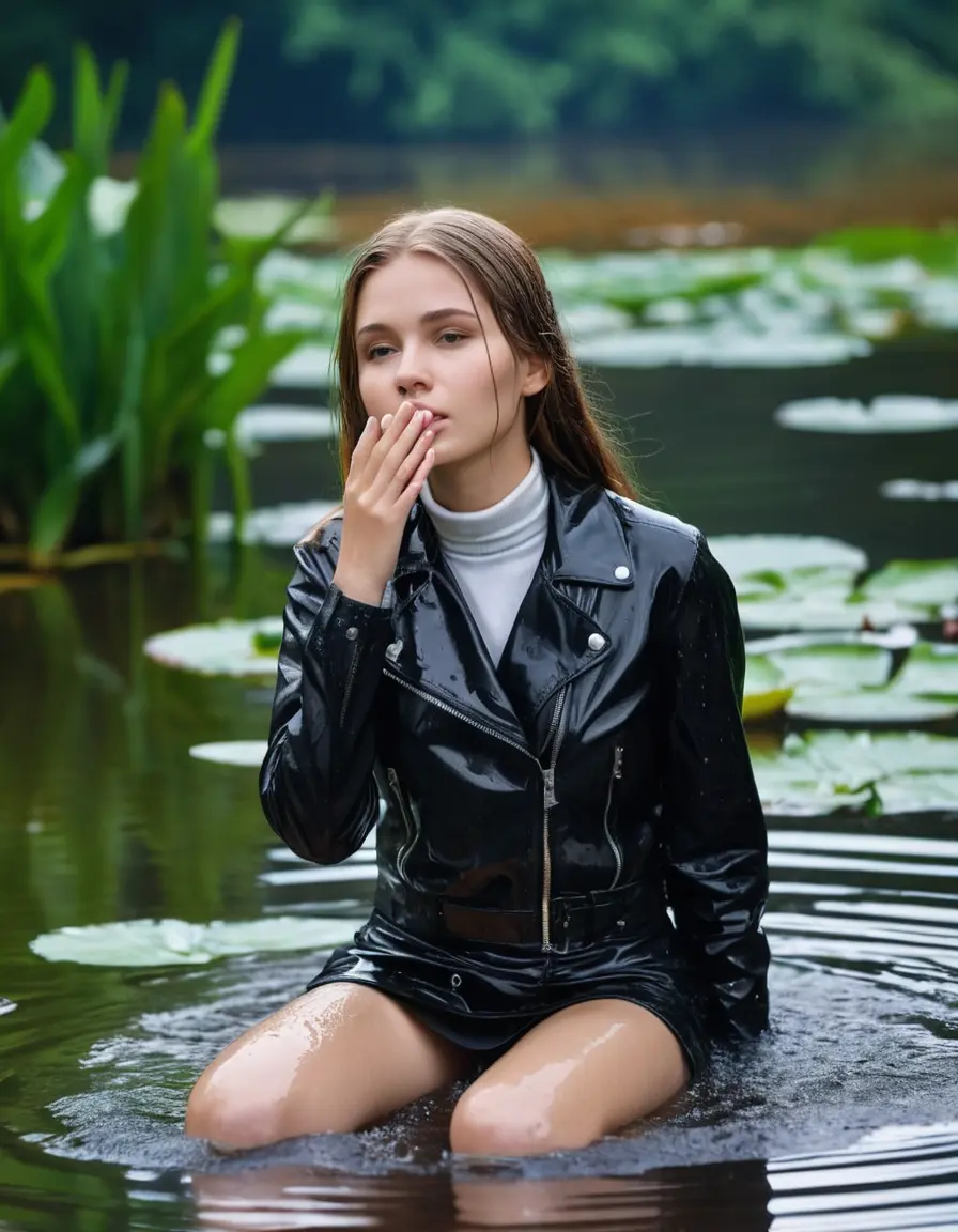 photo of young woman, in soaking wet, drenched clothes,
ankle boots, Leather skirt, slim fit black biker leatherjacket,  tight white turtleneck sweater, handbag, pearl necklace, Fifteen years horny blonde teenage girl with her Friends holds her hand over her mouth and nose half submerged in sunny lake with water lilies, open mouth, big eyes, 
enjoying, wet clothes stuck to body,
detailed textures of the wet clothes, wet face, wet plastered hair,
wet, drenched, professional, high-quality details, full body view.
sharp focus, ultra-high pixel detail, realistic, high-quality, full colors, incredibly detailed, 4k, 8k, 16k, hyper-realistic, RAW photo, masterpiece, ultra-detailed, professionally color graded, professional photograph, Fifteen years old, completely soaked, completely dripping wet from head to toe, very wet clothes, sleek long straight hair, worried and embarrassed facial expression, slight yawn, moaning,  all girls wear different styles of clothes, she takes her handbag with her in the water, a lot of people stands in the background, close-up, view from above, highly realistic representation, ultra sharp focus, highly photorealistic detailed facial features and expressions, highly photorealistic hands, highly best quality, highly sharp photorealistic image, highly photorealistic details, highest photorealistic wet clothes, full UHD resolution, highest photorealistic sharpness of the image, 32 K