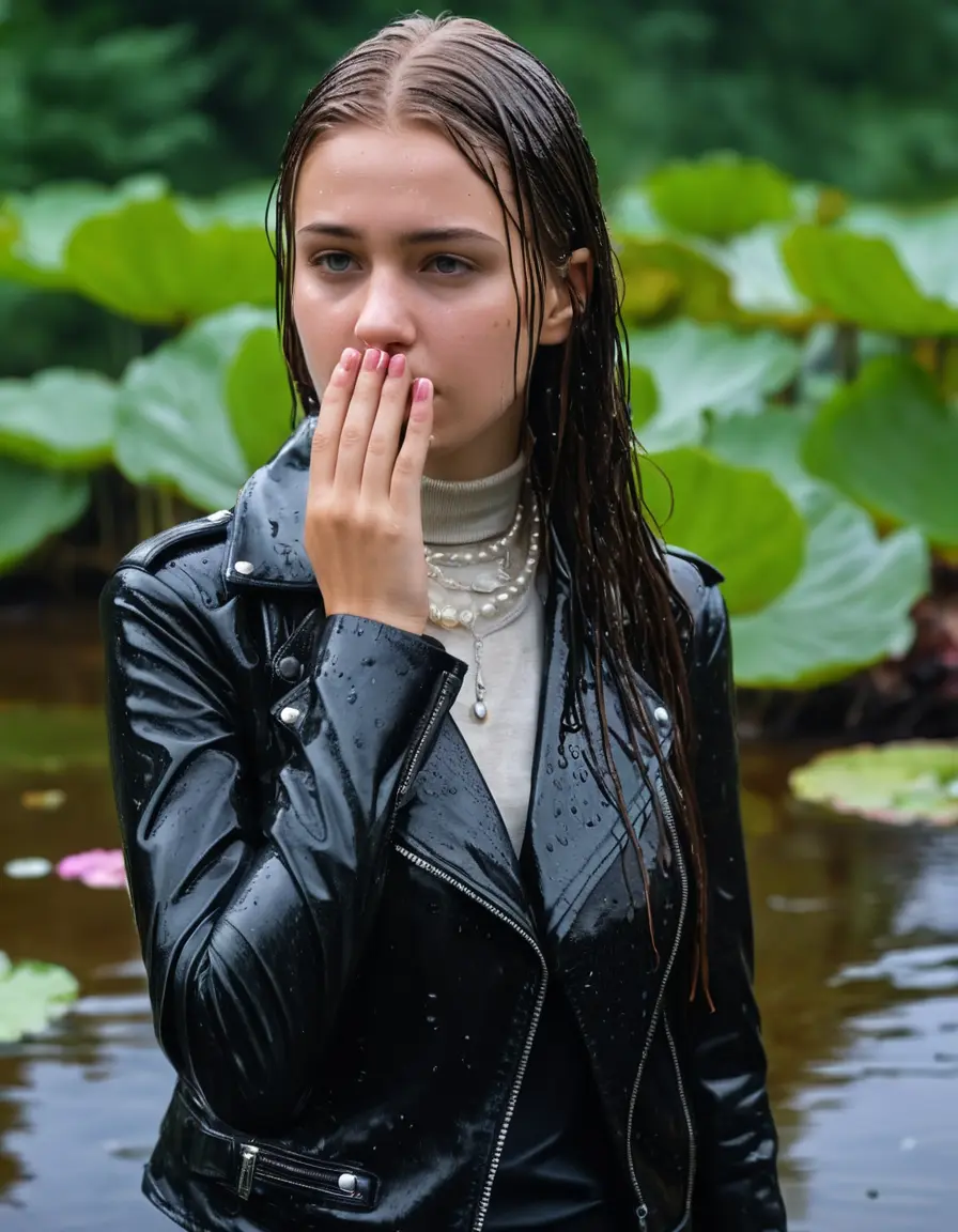 photo of young woman, in soaking wet, drenched clothes,
ankle boots, Leather skirt, slim fit black biker leatherjacket,  tight white turtleneck sweater, handbag, pearl necklace, Fifteen years horny blonde teenage girl with her Friends holds her hand over her mouth and nose submerged in sunny lake with water lilies, open mouth, big eyes, 
enjoying, wet clothes stuck to body,
detailed textures of the wet clothes, wet face, wet plastered hair,
wet, drenched, professional, high-quality details, full body view.
sharp focus, ultra-high pixel detail, realistic, high-quality, full colors, incredibly detailed, 4k, 8k, 16k, hyper-realistic, RAW photo, masterpiece, ultra-detailed, professionally color graded, professional photograph, Fifteen years old, completely soaked, completely dripping wet from head to toe, very wet clothes, sleek long straight hair, worried and embarrassed facial expression, slight yawn, moaning,  all girls wear different styles of clothes, she takes her handbag with her in the water, a lot of people stands in the background, close-up, view from above, highly realistic representation, ultra sharp focus, highly photorealistic detailed facial features and expressions, highly photorealistic hands, highly best quality, highly sharp photorealistic image, highly photorealistic details, highest photorealistic wet clothes, full UHD resolution, highest photorealistic sharpness of the image, 32 K
