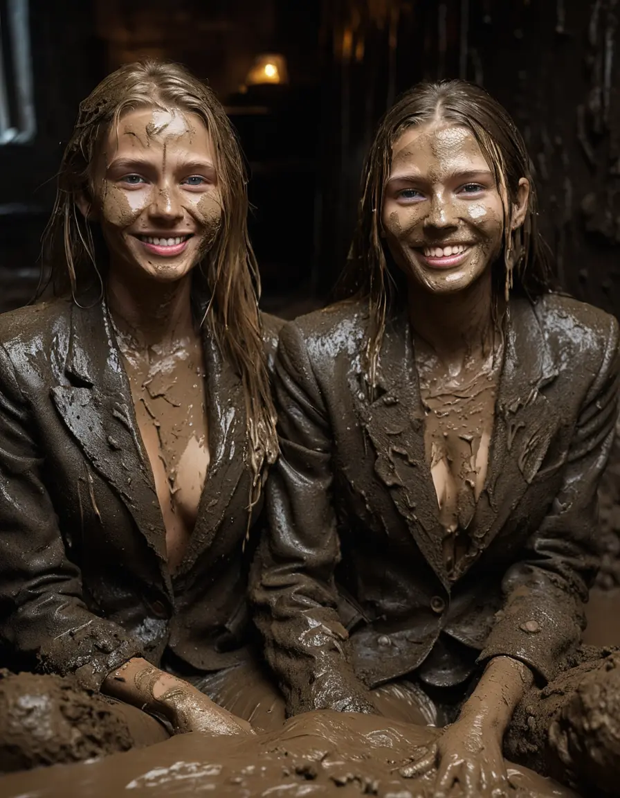 photo of young woman, in soaking wet, drenched clothes,
Muddy high heels, Long very muddy suit pants, Full muddy ruined fully-opened blazer like a fancy uniform over topless with exposed clean boobs., Muddy party in a dark muddy indoor club. Mud splashed walls with mud-flooded floor. Dark mood lighting with pink and blue neon lights. Muddy furnitures and mud-covered chairs and sofas in the background., 
enjoying, wet clothes stuck to body,
detailed textures of the wet clothes, wet face, wet plastered hair,
wet, drenched, professional, high-quality details, full body view.
sharp focus, ultra-high pixel detail, realistic, high-quality, full colors, incredibly detailed, 4k, 8k, 16k, hyper-realistic, RAW photo, masterpiece, ultra-detailed, professionally color graded, professional photograph, Two young pretty cute innocent blonde teen 13 years old girls are sitting in a deep muddy pool while they are hugging each other. They are wearing their fully and heavily mud-covered opened suits. Thick mud on their blazers. Every small details of the clothes are muddy, but their faces, their chests and their boobs are clean for the photo. Their blazer has the same colour as their muddy pants. They are proudly wearing their expensive open blazers. The classy elegant room is totally destroyed by mud, deep liquid mud on the bed, on the floor, mud spots everywhere, mud flows down on the walls, muddy pillows, muddy bedsheets. Straight very long open wavy hairstyle, muddy hair, smiling and beautiful clean faces, blue eyes, earrings, lipstick. The girls are enjoying to being total muddy on the bed, being sexy, naughty while they are enjoying the muddy fetish party. Realistic boobs and photorealistic detailed smiling facial expressions. Intimate close-up picture about the women from above. Close-up photo, highly realistic representation, ultra sharp focus, highly photorealistic detailed textures, highly photorealistic detailed facial features and expressions, highly photorealistic hands, highly emotional reactions, highly best quality, highly sharp photorealistic image, highly photorealistic details, full UHD resolution, 32 K, very high level of detail and image sharpness, zoomed in