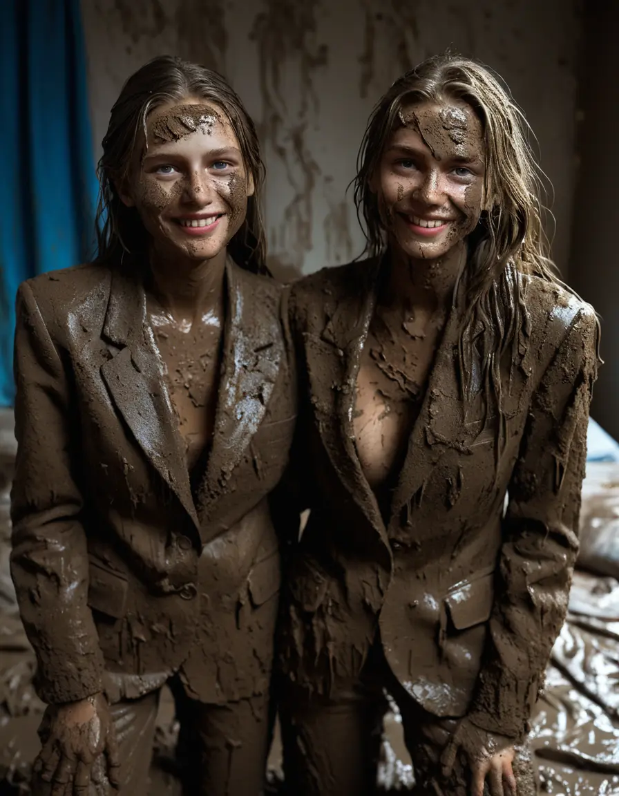 photo of young woman, in soaking wet, drenched clothes,
Muddy high heels, Long very muddy suit pants, Full muddy ruined fully-opened blazer like a fancy uniform over topless with exposed clean boobs., Muddy party in a dark muddy indoor bedroom. Mud splashed walls with mud-flooded floor. Dark mood lighting with pink and blue neon lights. Muddy furnitures and mud-covered bed.., 
enjoying, wet clothes stuck to body,
detailed textures of the wet clothes, wet face, wet plastered hair,
wet, drenched, professional, high-quality details, full body view.
sharp focus, ultra-high pixel detail, realistic, high-quality, full colors, incredibly detailed, 4k, 8k, 16k, hyper-realistic, RAW photo, masterpiece, ultra-detailed, professionally color graded, professional photograph, Two young pretty cute innocent blonde teen 13 years old girls are kneeling on the muddy double bed while they are hugging each other. They are wearing their fully and heavily mud-covered opened suits. Thick mud on their blazers. Every small details of the clothes are muddy, but their faces, their chests and their boobs are clean for the photo. Their blazer has the same colour as their muddy pants. They are proudly wearing their expensive open blazers. The classy elegant room is totally destroyed by mud, deep liquid mud on the bed, on the floor, mud spots everywhere, mud flows down on the walls, muddy pillows, muddy bedsheets. Straight very long open wavy hairstyle, muddy hair, smiling and beautiful clean faces, blue eyes, earrings, lipstick. The girls are enjoying to being total muddy on the bed, being sexy, naughty while they are enjoying the muddy fetish party. Realistic boobs and photorealistic detailed smiling facial expressions. Intimate close-up picture about the women from above. Close-up photo, highly realistic representation, ultra sharp focus, highly photorealistic detailed textures, highly photorealistic detailed facial features and expressions, highly photorealistic hands, highly emotional reactions, highly best quality, highly sharp photorealistic image, highly photorealistic details, full UHD resolution, 32 K, very high level of detail and image sharpness, zoomed in