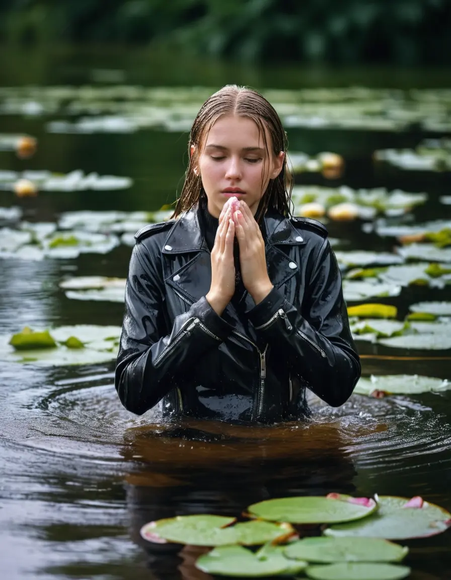 photo of young woman, in soaking wet, drenched clothes,
ankle boots, Leather skirt, slim fit black biker leatherjacket,  tight white turtleneck sweater, handbag, pearl necklace, Fifteen years horny blonde teenage girl with her Friends holds her hand over her mouth and nose submerged in sunny lake with water lilies, open mouth, big eyes, 
enjoying, wet clothes stuck to body,
detailed textures of the wet clothes, wet face, wet plastered hair,
wet, drenched, professional, high-quality details, full body view.
sharp focus, ultra-high pixel detail, realistic, high-quality, full colors, incredibly detailed, 4k, 8k, 16k, hyper-realistic, RAW photo, masterpiece, ultra-detailed, professionally color graded, professional photograph, Fifteen years old, completely soaked, completely dripping wet from head to toe, very wet clothes, sleek long straight hair, worried and embarrassed facial expression, slight yawn, moaning,  all girls wear different styles of clothes, she takes her handbag with her in the water, a lot of people stands in the background, close-up, view from above, highly realistic representation, ultra sharp focus, highly photorealistic detailed facial features and expressions, highly photorealistic hands, highly best quality, highly sharp photorealistic image, highly photorealistic details, highest photorealistic wet clothes, full UHD resolution, highest photorealistic sharpness of the image, 32 K
