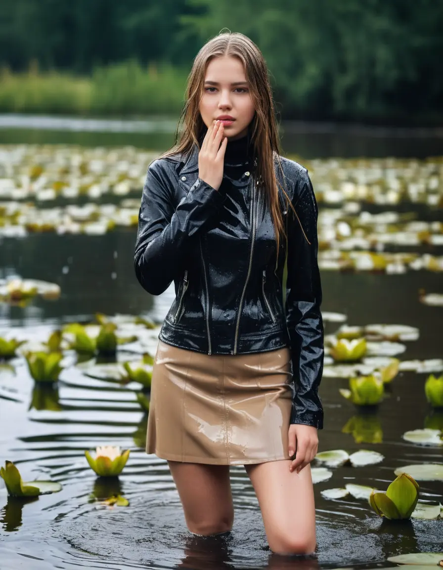 photo of young woman, in soaking wet, drenched clothes,
ankle boots, Tight mini Leather skirt, slim fit black biker leatherjacket,  tight beige turtleneck sweater, handbag, pearl necklace, Fifteen years horny blonde teenage girl with her Friends holds her hand over her mouth and nose submerged in sunny lake with water lilies, open mouth, big eyes, 
enjoying, wet clothes stuck to body,
detailed textures of the wet clothes, wet face, wet plastered hair,
wet, drenched, professional, high-quality details, full body view.
sharp focus, ultra-high pixel detail, realistic, high-quality, full colors, incredibly detailed, 4k, 8k, 16k, hyper-realistic, RAW photo, masterpiece, ultra-detailed, professionally color graded, professional photograph, Fifteen years old, completely soaked, completely dripping wet from head to toe, very wet clothes, sleek long straight hair, worried and embarrassed facial expression, slight yawn, moaning,  all girls wear different styles of clothes, she takes her handbag with her in the water, a lot of people stands in the background, close-up, view from above, highly realistic representation, ultra sharp focus, highly photorealistic detailed facial features and expressions, highly photorealistic hands, highly best quality, highly sharp photorealistic image, highly photorealistic details, highest photorealistic wet clothes, full UHD resolution, highest photorealistic sharpness of the image, 32 K