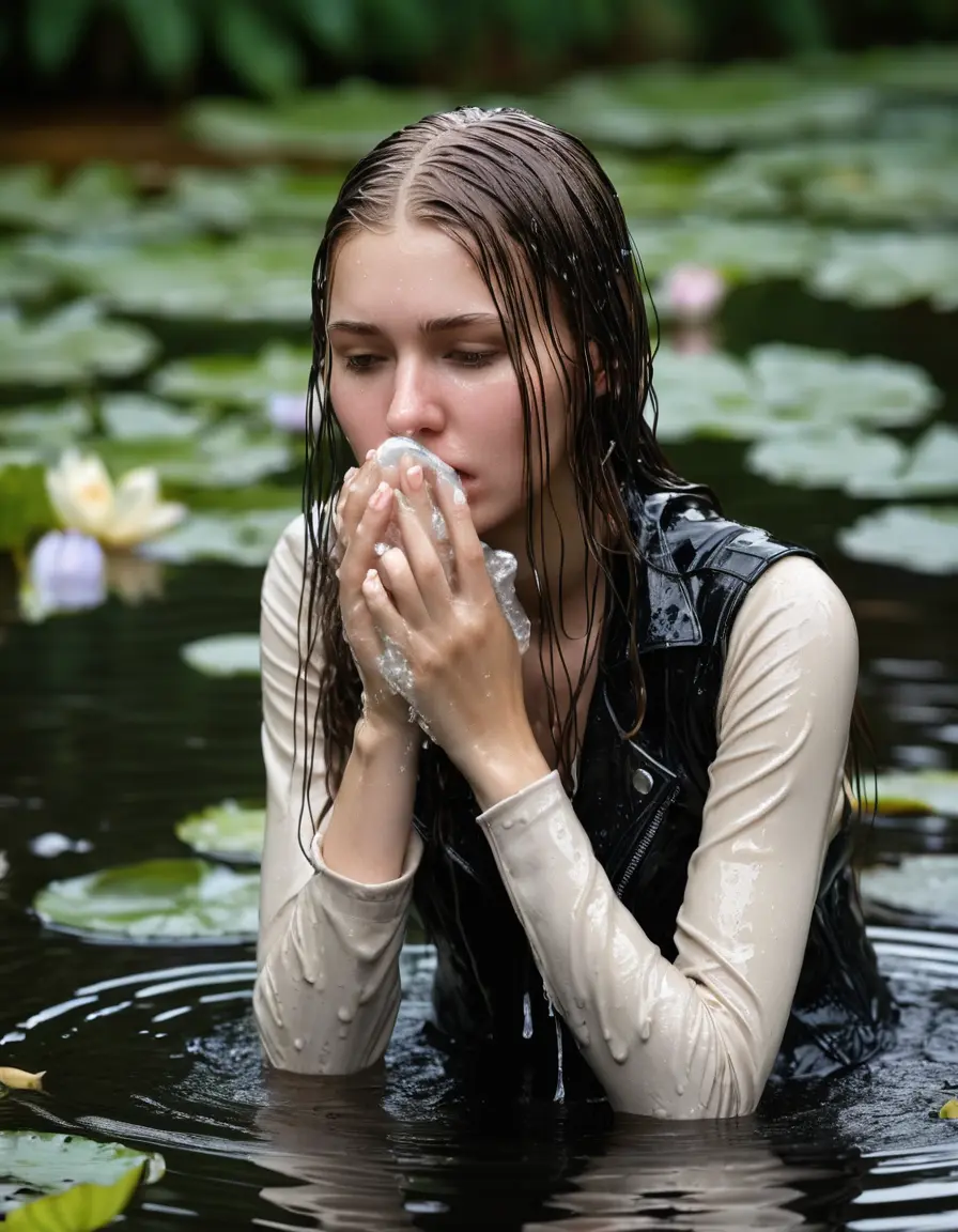 photo of young woman, in soaking wet, drenched clothes,
bare, white pants, slim fit black biker leatherjacket,  tight turtleneck sweater, handbag, pearl necklace, Fifteen years horny blonde teenage girl with her Friends holds her hand over her mouth and nose half submerged in sunny lake with water lilies, 
enjoying, wet clothes stuck to body,
detailed textures of the wet clothes, wet face, wet plastered hair,
wet, drenched, professional, high-quality details, full body view.
sharp focus, ultra-high pixel detail, realistic, high-quality, full colors, incredibly detailed, 4k, 8k, 16k, hyper-realistic, RAW photo, masterpiece, ultra-detailed, professionally color graded, professional photograph, Fifteen years old, completely soaked, completely dripping wet from head to toe, very wet clothes, sleek long straight hair, worried and embarrassed facial expression, slight yawn, moaning,  all girls wear different styles of clothes, she takes her handbag with her in the water, a lot of people stands in the background, close-up, view from above, highly realistic representation, ultra sharp focus, highly photorealistic detailed facial features and expressions, highly photorealistic hands, highly best quality, highly sharp photorealistic image, highly photorealistic details, highest photorealistic wet clothes, full UHD resolution, highest photorealistic sharpness of the image, 32 K