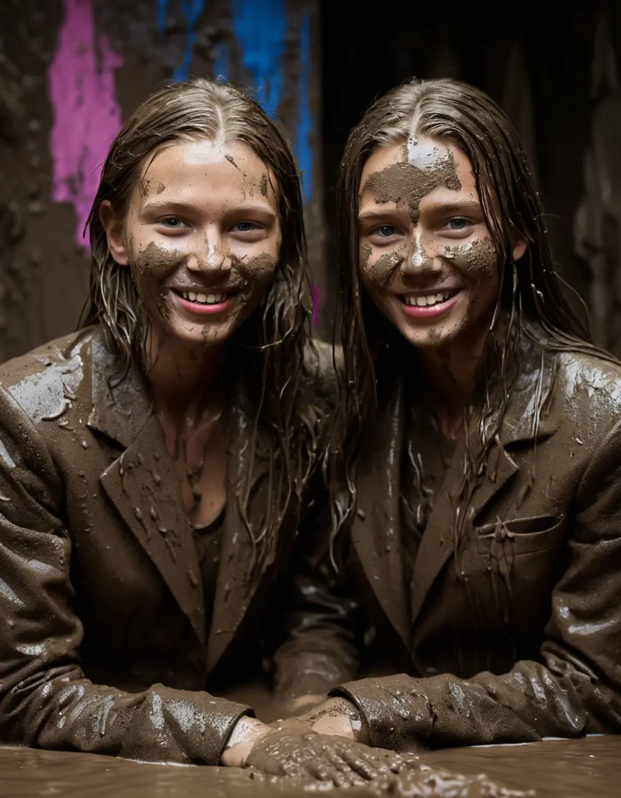 photo of young woman, in soaking wet, drenched clothes,
Muddy high heels, Long very muddy suit pants, Full muddy ruined fully-opened blazer like a fancy uniform over topless with exposed clean boobs., Muddy party in a dark muddy indoor club. Mud splashed walls with mud-flooded floor. Dark mood lighting with pink and blue neon lights. Muddy furnitures and mud-covered chairs and sofas in the background., 
enjoying, wet clothes stuck to body,
detailed textures of the wet clothes, wet face, wet plastered hair,
wet, drenched, professional, high-quality details, full body view.
sharp focus, ultra-high pixel detail, realistic, high-quality, full colors, incredibly detailed, 4k, 8k, 16k, hyper-realistic, RAW photo, masterpiece, ultra-detailed, professionally color graded, professional photograph, Two young pretty cute innocent blonde teen 13 years old girls are sitting in a deep muddy pool while they are hugging each other. They are wearing their fully and heavily mud-covered opened suits. Thick mud on their blazers. Every small details of the clothes are muddy, but their faces, their chests and their boobs are clean for the photo. Their blazer has the same colour as their muddy pants. They are proudly wearing their expensive open blazers. The classy elegant room is totally destroyed by mud, deep liquid mud on the bed, on the floor, mud spots everywhere, mud flows down on the walls, muddy pillows, muddy bedsheets. Straight very long open wavy hairstyle, muddy hair, smiling and beautiful clean faces, blue eyes, earrings, lipstick. The girls are enjoying to being total muddy on the bed, being sexy, naughty while they are enjoying the muddy fetish party. Realistic boobs and photorealistic detailed smiling facial expressions. Intimate close-up picture about the women from above. Close-up photo, highly realistic representation, ultra sharp focus, highly photorealistic detailed textures, highly photorealistic detailed facial features and expressions, highly photorealistic hands, highly emotional reactions, highly best quality, highly sharp photorealistic image, highly photorealistic details, full UHD resolution, 32 K, very high level of detail and image sharpness, zoomed in