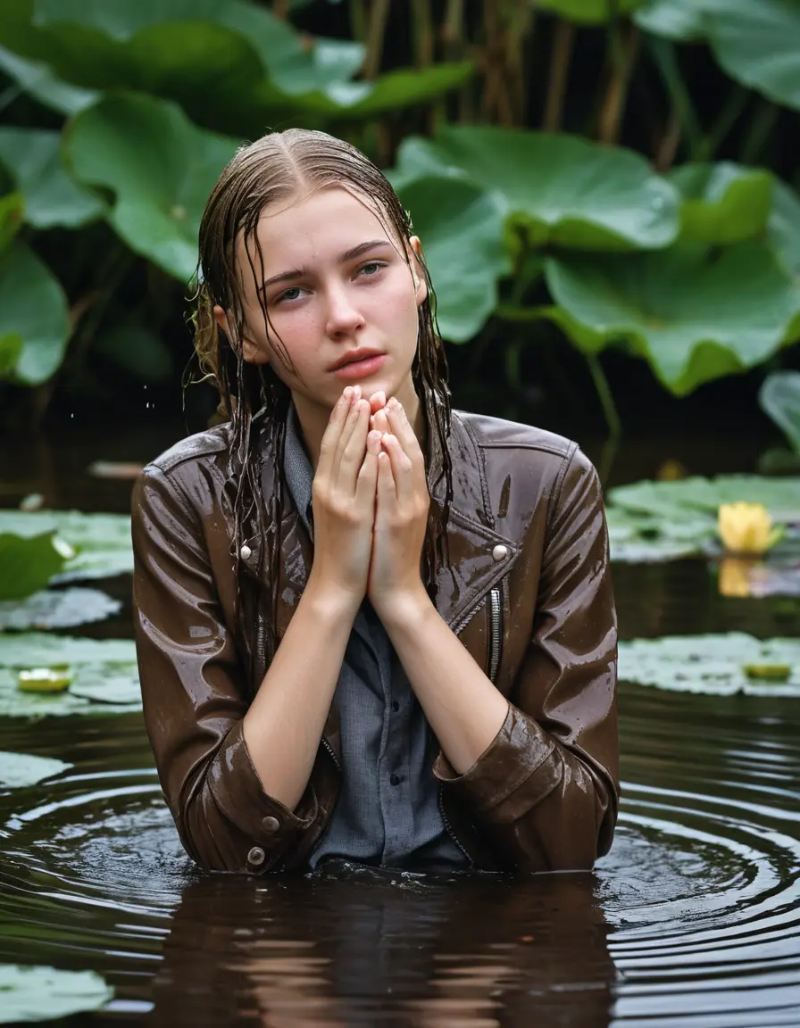 photo of young woman, in soaking wet, drenched clothes,
bare, Beige Business Trouser, slim fit black biker leatherjacket,  tight white turtleneck sweater, handbag, pearl necklace, Fifteen years horny blonde teenage girl with her Friends holds her hand over her mouth and nose half submerged in sunny lake with water lilies, open mouth, big eyes, 
enjoying, wet clothes stuck to body,
detailed textures of the wet clothes, wet face, wet plastered hair,
wet, drenched, professional, high-quality details, full body view.
sharp focus, ultra-high pixel detail, realistic, high-quality, full colors, incredibly detailed, 4k, 8k, 16k, hyper-realistic, RAW photo, masterpiece, ultra-detailed, professionally color graded, professional photograph, Fifteen years old, completely soaked, completely dripping wet from head to toe, very wet clothes, sleek long straight hair, worried and embarrassed facial expression, slight yawn, moaning,  all girls wear different styles of clothes, she takes her handbag with her in the water, a lot of people stands in the background, close-up, view from above, highly realistic representation, ultra sharp focus, highly photorealistic detailed facial features and expressions, highly photorealistic hands, highly best quality, highly sharp photorealistic image, highly photorealistic details, highest photorealistic wet clothes, full UHD resolution, highest photorealistic sharpness of the image, 32 K