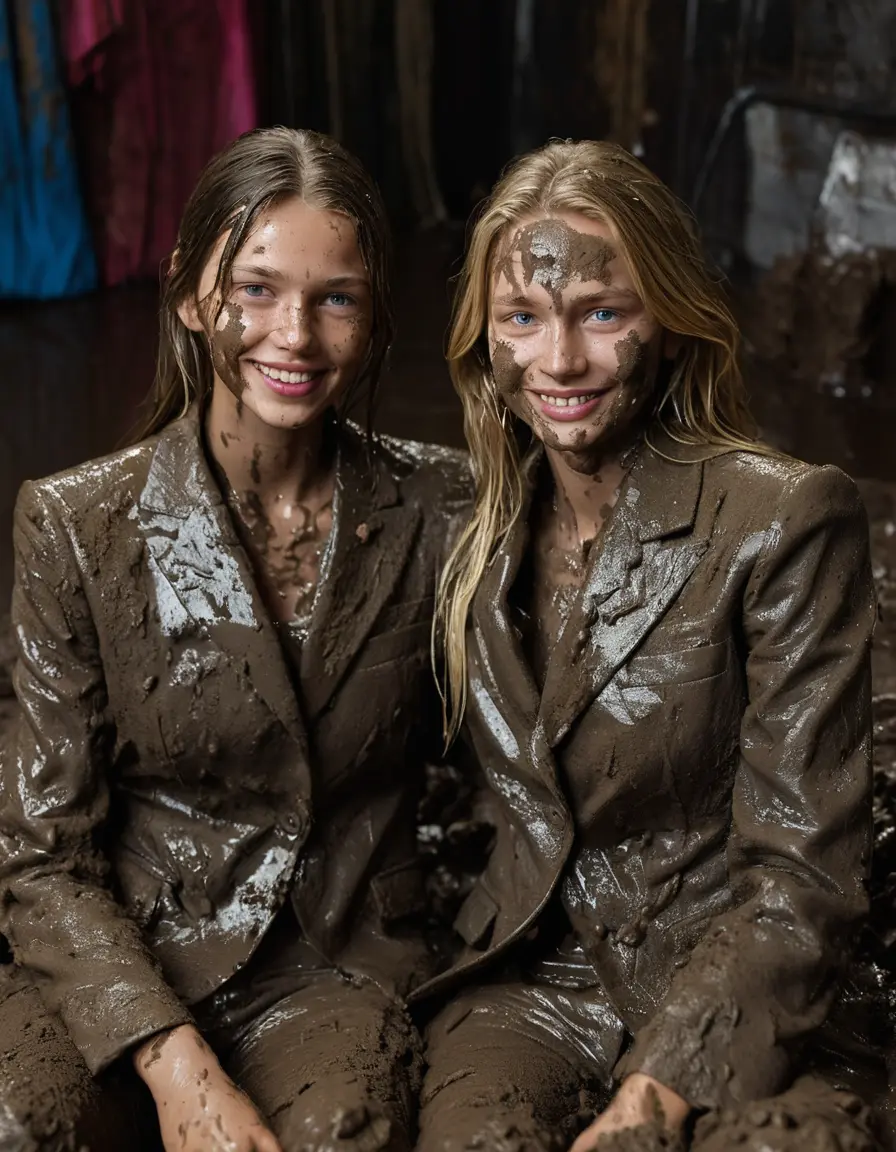 photo of young woman, in soaking wet, drenched clothes,
Muddy high heels, Long very muddy suit pants, Full muddy ruined fully-opened blazer like a fancy uniform over topless with exposed clean boobs., Muddy party in a dark muddy indoor club. Mud splashed walls with mud-flooded floor. Dark mood lighting with pink and blue neon lights. Muddy furnitures and mud-covered chairs and sofas in the background., 
enjoying, wet clothes stuck to body,
detailed textures of the wet clothes, wet face, wet plastered hair,
wet, drenched, professional, high-quality details, full body view.
sharp focus, ultra-high pixel detail, realistic, high-quality, full colors, incredibly detailed, 4k, 8k, 16k, hyper-realistic, RAW photo, masterpiece, ultra-detailed, professionally color graded, professional photograph, Two young pretty cute innocent blonde teen 13 years old girls are sitting in a deep muddy pool while they are hugging each other. They are wearing their fully and heavily mud-covered opened suits. Thick mud on their blazers. Every small details of the clothes are muddy, but their faces, their chests and their boobs are clean for the photo. Their blazer has the same colour as their muddy pants. They are proudly wearing their expensive open blazers. The classy elegant room is totally destroyed by mud, deep liquid mud on the bed, on the floor, mud spots everywhere, mud flows down on the walls, muddy pillows, muddy bedsheets. Straight very long open wavy hairstyle, muddy hair, smiling and beautiful clean faces, blue eyes, earrings, lipstick. The girls are enjoying to being total muddy on the bed, being sexy, naughty while they are enjoying the muddy fetish party. Realistic boobs and photorealistic detailed smiling facial expressions. Intimate close-up picture about the women from above. Close-up photo, highly realistic representation, ultra sharp focus, highly photorealistic detailed textures, highly photorealistic detailed facial features and expressions, highly photorealistic hands, highly emotional reactions, highly best quality, highly sharp photorealistic image, highly photorealistic details, full UHD resolution, 32 K, very high level of detail and image sharpness, zoomed in