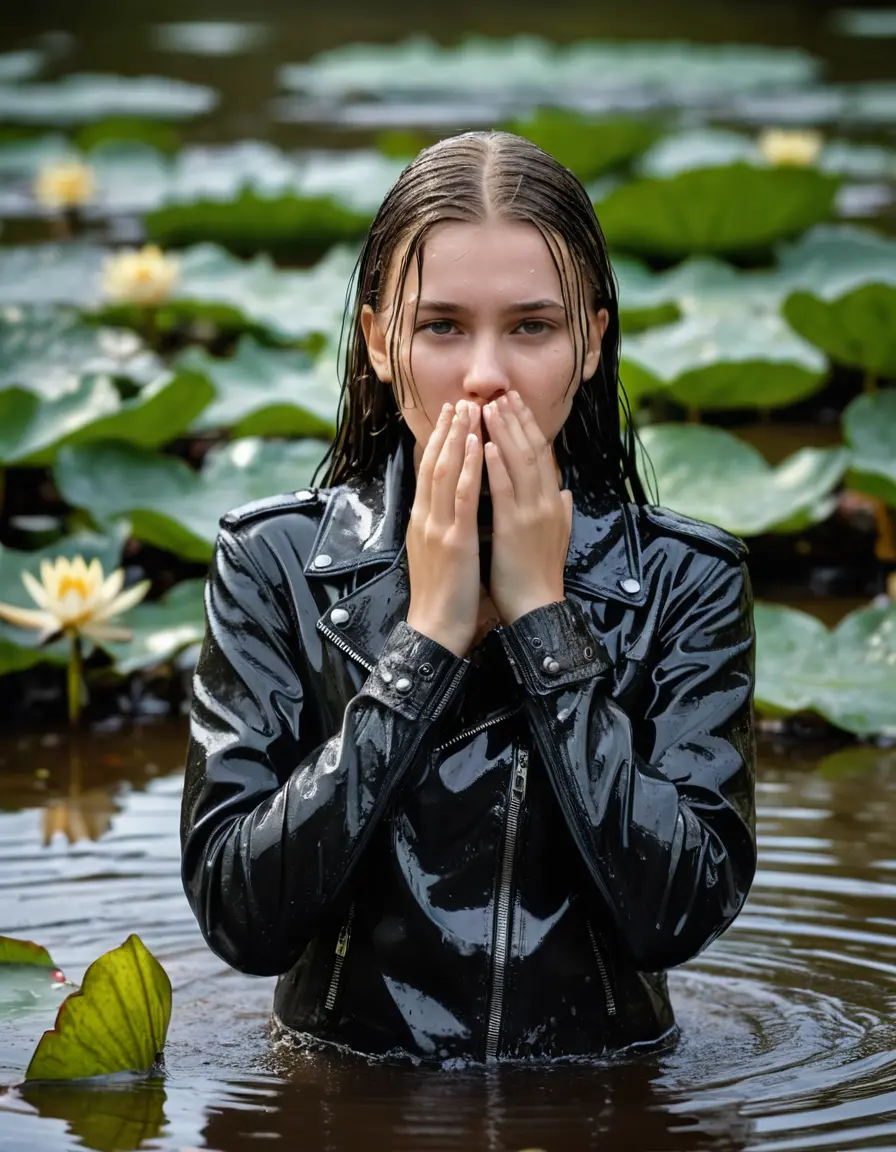photo of young woman, in soaking wet, drenched clothes,
ankle boots, Tight mini Leather skirt, slim fit black biker leatherjacket,  tight white turtleneck sweater, handbag, pearl necklace, Fifteen years horny blonde teenage girl with her Friends holds her hand over her mouth and nose submerged in sunny lake with water lilies, open mouth, big eyes, 
enjoying, wet clothes stuck to body,
detailed textures of the wet clothes, wet face, wet plastered hair,
wet, drenched, professional, high-quality details, full body view.
sharp focus, ultra-high pixel detail, realistic, high-quality, full colors, incredibly detailed, 4k, 8k, 16k, hyper-realistic, RAW photo, masterpiece, ultra-detailed, professionally color graded, professional photograph, Fifteen years old, completely soaked, completely dripping wet from head to toe, very wet clothes, sleek long straight hair, worried and embarrassed facial expression, slight yawn, moaning,  all girls wear different styles of clothes, she takes her handbag with her in the water, a lot of people stands in the background, close-up, view from above, highly realistic representation, ultra sharp focus, highly photorealistic detailed facial features and expressions, highly photorealistic hands, highly best quality, highly sharp photorealistic image, highly photorealistic details, highest photorealistic wet clothes, full UHD resolution, highest photorealistic sharpness of the image, 32 K