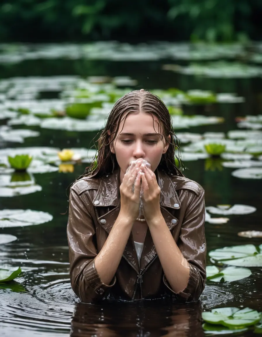 photo of young woman, in soaking wet, drenched clothes,
bare, Beige Business Trouser, slim fit black biker leatherjacket,  tight white turtleneck sweater, handbag, pearl necklace, Fifteen years horny blonde teenage girl with her Friends holds her hand over her mouth and nose half submerged in sunny lake with water lilies, open mouth, big eyes, 
enjoying, wet clothes stuck to body,
detailed textures of the wet clothes, wet face, wet plastered hair,
wet, drenched, professional, high-quality details, full body view.
sharp focus, ultra-high pixel detail, realistic, high-quality, full colors, incredibly detailed, 4k, 8k, 16k, hyper-realistic, RAW photo, masterpiece, ultra-detailed, professionally color graded, professional photograph, Fifteen years old, completely soaked, completely dripping wet from head to toe, very wet clothes, sleek long straight hair, worried and embarrassed facial expression, slight yawn, moaning,  all girls wear different styles of clothes, she takes her handbag with her in the water, a lot of people stands in the background, close-up, view from above, highly realistic representation, ultra sharp focus, highly photorealistic detailed facial features and expressions, highly photorealistic hands, highly best quality, highly sharp photorealistic image, highly photorealistic details, highest photorealistic wet clothes, full UHD resolution, highest photorealistic sharpness of the image, 32 K