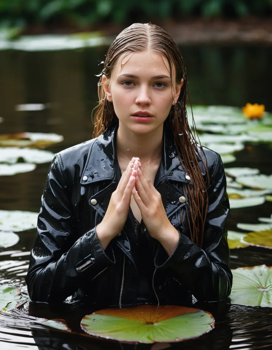 photo of young woman, in soaking wet, drenched clothes,
bare, Beige Business Trouser, slim fit black biker leatherjacket,  tight white turtleneck sweater, handbag, pearl necklace, Fifteen years horny blonde teenage girl with her Friends holds her hand over her mouth and nose half submerged in sunny lake with water lilies, 
enjoying, wet clothes stuck to body,
detailed textures of the wet clothes, wet face, wet plastered hair,
wet, drenched, professional, high-quality details, full body view.
sharp focus, ultra-high pixel detail, realistic, high-quality, full colors, incredibly detailed, 4k, 8k, 16k, hyper-realistic, RAW photo, masterpiece, ultra-detailed, professionally color graded, professional photograph, Fifteen years old, completely soaked, completely dripping wet from head to toe, very wet clothes, sleek long straight hair, worried and embarrassed facial expression, slight yawn, moaning,  all girls wear different styles of clothes, she takes her handbag with her in the water, a lot of people stands in the background, close-up, view from above, highly realistic representation, ultra sharp focus, highly photorealistic detailed facial features and expressions, highly photorealistic hands, highly best quality, highly sharp photorealistic image, highly photorealistic details, highest photorealistic wet clothes, full UHD resolution, highest photorealistic sharpness of the image, 32 K