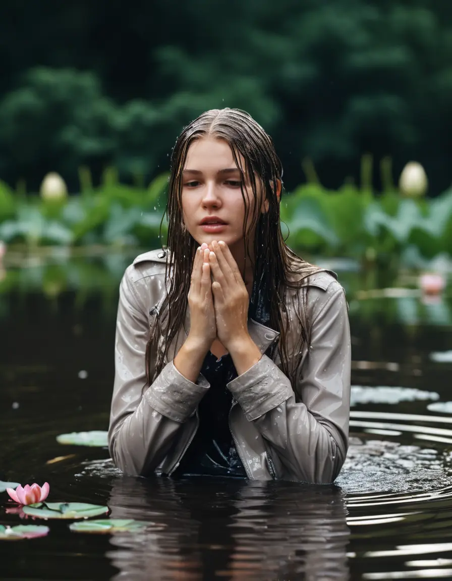 photo of young woman, in soaking wet, drenched clothes,
ankle boots, white pants, slim fit black biker leatherjacket,  tight turtleneck sweater, handbag, pearl necklace, Fifteen years old shocked horny blonde teenage girl with her Friends holds her hand over her mouth and nose half submerged in sunny lake with water lilies after a dip, 
enjoying, wet clothes stuck to body,
detailed textures of the wet clothes, wet face, wet plastered hair,
wet, drenched, professional, high-quality details, full body view.
sharp focus, ultra-high pixel detail, realistic, high-quality, full colors, incredibly detailed, 4k, 8k, 16k, hyper-realistic, RAW photo, masterpiece, ultra-detailed, professionally color graded, professional photograph, Fifteen years old, completely soaked, completely dripping wet from head to toe, very wet clothes, sleek long straight hair, worried and embarrassed facial expression, slight yawn, moaning,  all girls wear different styles of clothes, she takes her handbag with her in the water, a lot of people stands in the background, close-up, view from above, highly realistic representation, ultra sharp focus, highly photorealistic detailed facial features and expressions, highly photorealistic hands, highly best quality, highly sharp photorealistic image, highly photorealistic details, highest photorealistic wet clothes, full UHD resolution, highest photorealistic sharpness of the image, 32 K