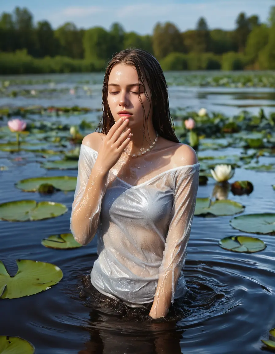 photo of young woman, in soaking wet, drenched clothes,
bare, white pants, slim fit black biker leatherjacket,  tight turtleneck sweater, handbag, pearl necklace, Fifteen years horny blonde teenage girl with her Friends holds her hand over her mouth and nose half submerged in sunny lake with water lilies, 
enjoying, wet clothes stuck to body,
detailed textures of the wet clothes, wet face, wet plastered hair,
wet, drenched, professional, high-quality details, full body view.
sharp focus, ultra-high pixel detail, realistic, high-quality, full colors, incredibly detailed, 4k, 8k, 16k, hyper-realistic, RAW photo, masterpiece, ultra-detailed, professionally color graded, professional photograph, Fifteen years old, completely soaked, completely dripping wet from head to toe, very wet clothes, sleek long straight hair, worried and embarrassed facial expression, slight yawn, moaning,  all girls wear different styles of clothes, she takes her handbag with her in the water, a lot of people stands in the background, close-up, view from above, highly realistic representation, ultra sharp focus, highly photorealistic detailed facial features and expressions, highly photorealistic hands, highly best quality, highly sharp photorealistic image, highly photorealistic details, highest photorealistic wet clothes, full UHD resolution, highest photorealistic sharpness of the image, 32 K