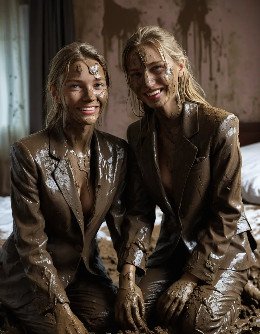 photo of young woman, in soaking wet, drenched clothes,
Muddy high heels, Long very muddy suit pants, Full muddy ruined fully-opened blazer like a fancy uniform over topless with exposed clean boobs., Muddy party in a dark muddy indoor bedroom. Mud splashed walls with mud-flooded floor. Dark mood lighting with pink and blue neon lights. Muddy furnitures and mud-covered bed.., 
enjoying, wet clothes stuck to body,
detailed textures of the wet clothes, wet face, wet plastered hair,
wet, drenched, professional, high-quality details, full body view.
sharp focus, ultra-high pixel detail, realistic, high-quality, full colors, incredibly detailed, 4k, 8k, 16k, hyper-realistic, RAW photo, masterpiece, ultra-detailed, professionally color graded, professional photograph, Two young pretty cute innocent blonde teen 14 years old girls are kneeling on the muddy double bed while they are hugging each other. They are wearing their fully and heavily mud-covered opened suits. Thick mud on their blazers. Every small details of the clothes are muddy, but their faces, their chests and their boobs are clean for the photo. Their blazer has the same colour as their muddy pants. They are proudly wearing their expensive open blazers. The classy elegant room is totally destroyed by mud, deep liquid mud on the bed, on the floor, mud spots everywhere, mud flows down on the walls, muddy pillows, muddy bedsheets. Straight very long open wavy hairstyle, muddy hair, smiling and beautiful clean faces, blue eyes, earrings, lipstick. The girls are enjoying to being total muddy on the bed, being sexy, naughty while they are enjoying the muddy fetish party. Realistic boobs and photorealistic detailed smiling facial expressions. Intimate close-up picture about the women from above. Close-up photo, highly realistic representation, ultra sharp focus, highly photorealistic detailed textures, highly photorealistic detailed facial features and expressions, highly photorealistic hands, highly emotional reactions, highly best quality, highly sharp photorealistic image, highly photorealistic details, full UHD resolution, 32 K, very high level of detail and image sharpness, zoomed in