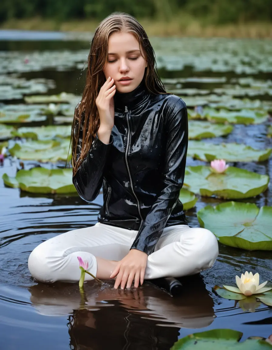 photo of young woman, in soaking wet, drenched clothes,
ankle boots, white pants, slim fit black biker leatherjacket,  tight turtleneck sweater, handbag, pearl necklace, Fifteen years embarrassed horny blonde teenage girl with her Friends holds her hand over her mouth and nose half submerged in sunny lake with water lilies, 
enjoying, wet clothes stuck to body,
detailed textures of the wet clothes, wet face, wet plastered hair,
wet, drenched, professional, high-quality details, full body view.
sharp focus, ultra-high pixel detail, realistic, high-quality, full colors, incredibly detailed, 4k, 8k, 16k, hyper-realistic, RAW photo, masterpiece, ultra-detailed, professionally color graded, professional photograph, Fifteen years old, completely soaked, completely dripping wet from head to toe, very wet clothes, sleek long straight hair, worried and embarrassed facial expression, slight yawn, moaning,  all girls wear different styles of clothes, she takes her handbag with her in the water, a lot of people stands in the background, close-up, view from above, highly realistic representation, ultra sharp focus, highly photorealistic detailed facial features and expressions, highly photorealistic hands, highly best quality, highly sharp photorealistic image, highly photorealistic details, highest photorealistic wet clothes, full UHD resolution, highest photorealistic sharpness of the image, 32 K