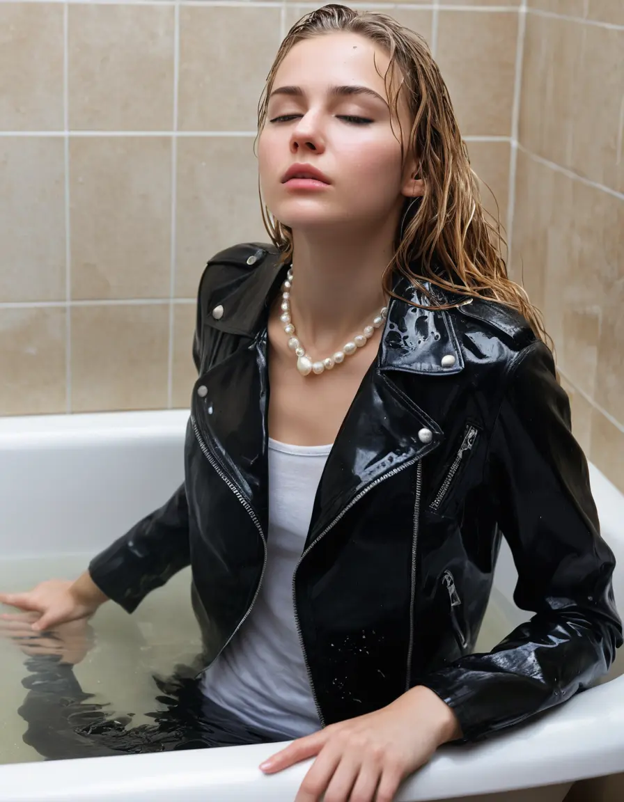 photo of young woman, in soaking wet, drenched clothes,
ankle boots, super skin tight white denim jeans, slim fit black biker leatherjacket,  tight sexy tshirt with wide necklace, handbag, pearl necklace, Fifteen years horny blonde teenage girl with her Friends holds her hand over her mouth and nose laying in bath tub, 
enjoying, wet clothes stuck to body,
detailed textures of the wet clothes, wet face, wet plastered hair,
wet, drenched, professional, high-quality details, full body view.
sharp focus, ultra-high pixel detail, realistic, high-quality, full colors, incredibly detailed, 4k, 8k, 16k, hyper-realistic, RAW photo, masterpiece, ultra-detailed, professionally color graded, professional photograph, Fifteen years old, completely soaked, completely dripping wet from head to toe, very wet clothes, sleek long straight hair, worried and embarrassed facial expression, slight yawn, moaning,  all girls wear different styles of clothes, she takes her handbag with her in the water, a lot of people stands in the background, close-up, view from above, highly realistic representation, ultra sharp focus, highly photorealistic detailed facial features and expressions, highly photorealistic hands, highly best quality, highly sharp photorealistic image, highly photorealistic details, highest photorealistic wet clothes, full UHD resolution, highest photorealistic sharpness of the image, 32 K