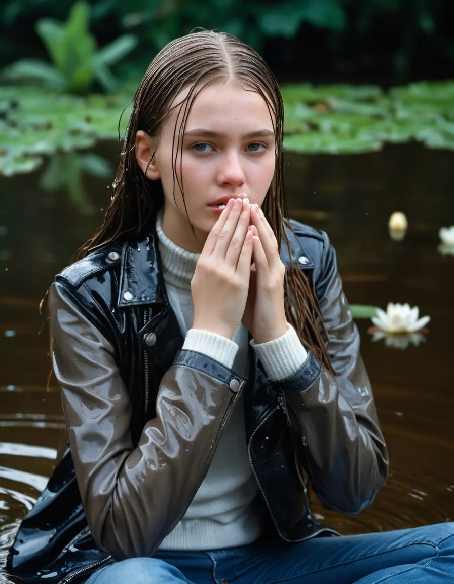 photo of young woman, in soaking wet, drenched clothes,
ankle boots, Super Short jeans, slim fit black biker leatherjacket,  tight white turtleneck sweater, handbag, pearl necklace, Fifteen years horny blonde teenage girl with her Friends holds her hand over her mouth and nose half submerged in sunny lake with water lilies, open mouth, big eyes, 
enjoying, wet clothes stuck to body,
detailed textures of the wet clothes, wet face, wet plastered hair,
wet, drenched, professional, high-quality details, full body view.
sharp focus, ultra-high pixel detail, realistic, high-quality, full colors, incredibly detailed, 4k, 8k, 16k, hyper-realistic, RAW photo, masterpiece, ultra-detailed, professionally color graded, professional photograph, Fifteen years old, completely soaked, completely dripping wet from head to toe, very wet clothes, sleek long straight hair, worried and embarrassed facial expression, slight yawn, moaning,  all girls wear different styles of clothes, she takes her handbag with her in the water, a lot of people stands in the background, close-up, view from above, highly realistic representation, ultra sharp focus, highly photorealistic detailed facial features and expressions, highly photorealistic hands, highly best quality, highly sharp photorealistic image, highly photorealistic details, highest photorealistic wet clothes, full UHD resolution, highest photorealistic sharpness of the image, 32 K