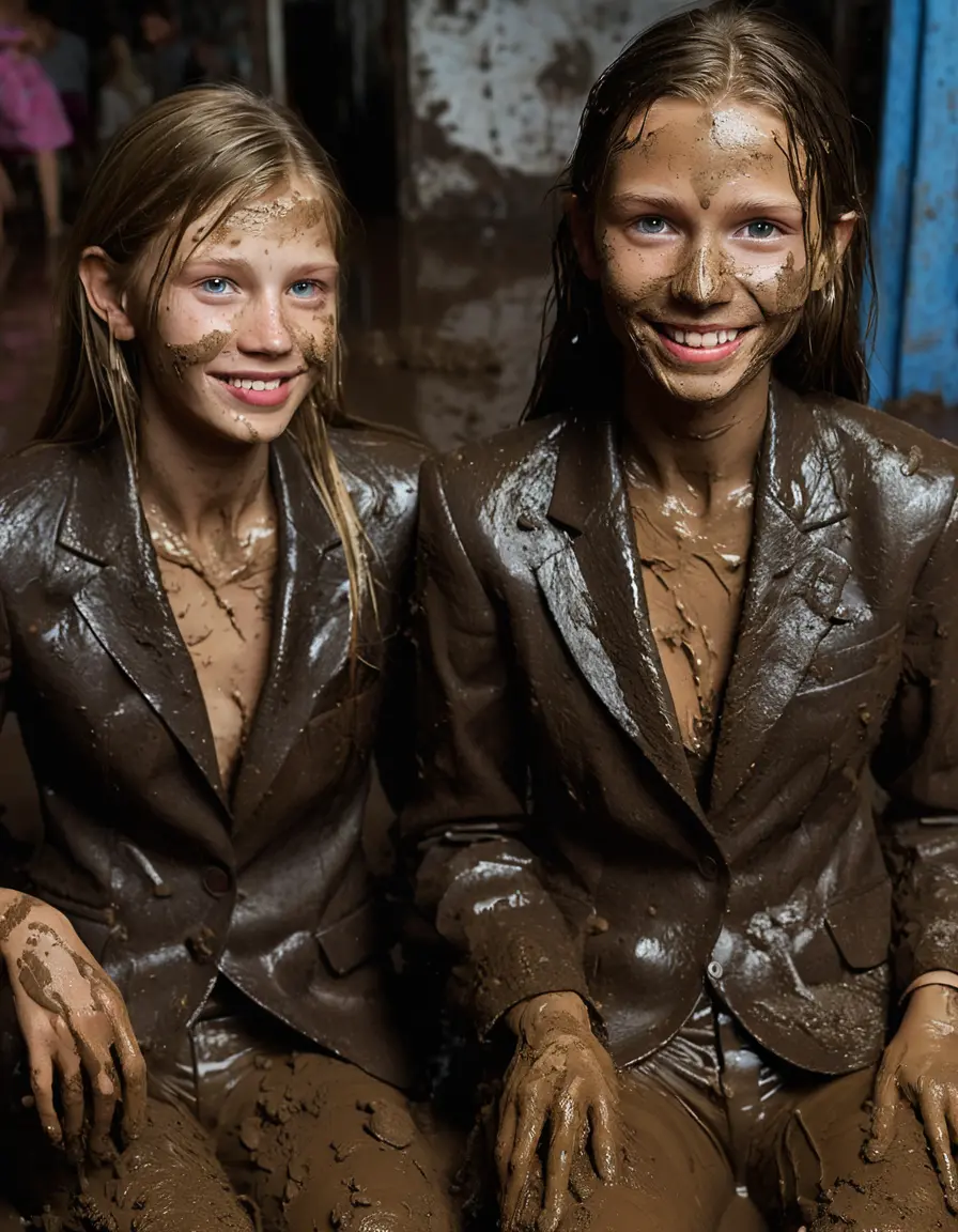 photo of young woman, in soaking wet, drenched clothes,
Muddy high heels, Long very muddy suit pants, Full muddy ruined fully-opened blazer like a fancy uniform over topless with exposed clean boobs., Muddy party in a dark muddy indoor club. Mud splashed walls with mud-flooded floor. Dark mood lighting with pink and blue neon lights. Muddy furnitures and mud-covered chairs and sofas in the background., 
enjoying, wet clothes stuck to body,
detailed textures of the wet clothes, wet face, wet plastered hair,
wet, drenched, professional, high-quality details, full body view.
sharp focus, ultra-high pixel detail, realistic, high-quality, full colors, incredibly detailed, 4k, 8k, 16k, hyper-realistic, RAW photo, masterpiece, ultra-detailed, professionally color graded, professional photograph, Two young pretty cute innocent blonde teen 13 years old girls are sitting in a deep muddy pool while they are hugging each other. They are wearing their fully and heavily mud-covered opened suits. Thick mud on their blazers. Every small details of the clothes are muddy, but their faces, their chests and their boobs are clean for the photo. Their blazer has the same colour as their muddy pants. They are proudly wearing their expensive open blazers. The classy elegant room is totally destroyed by mud, deep liquid mud on the bed, on the floor, mud spots everywhere, mud flows down on the walls, muddy pillows, muddy bedsheets. Straight very long open wavy hairstyle, muddy hair, smiling and beautiful clean faces, blue eyes, earrings, lipstick. The girls are enjoying to being total muddy on the bed, being sexy, naughty while they are enjoying the muddy fetish party. Realistic boobs and photorealistic detailed smiling facial expressions. Intimate close-up picture about the women from above. Close-up photo, highly realistic representation, ultra sharp focus, highly photorealistic detailed textures, highly photorealistic detailed facial features and expressions, highly photorealistic hands, highly emotional reactions, highly best quality, highly sharp photorealistic image, highly photorealistic details, full UHD resolution, 32 K, very high level of detail and image sharpness, zoomed in