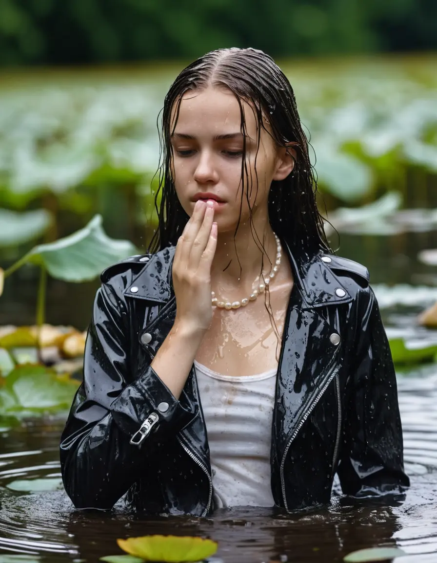 photo of young woman, in soaking wet, drenched clothes,
ankle boots, white pants, slim fit black biker leatherjacket,  tight sexy tshirt with wide neckline, handbag, pearl necklace, Fifteen years old shocked horny blonde teenage girl with her Friends holds her hand over her mouth and nose half submerged in sunny lake with water lilies after diving, 
enjoying, wet clothes stuck to body,
detailed textures of the wet clothes, wet face, wet plastered hair,
wet, drenched, professional, high-quality details, full body view.
sharp focus, ultra-high pixel detail, realistic, high-quality, full colors, incredibly detailed, 4k, 8k, 16k, hyper-realistic, RAW photo, masterpiece, ultra-detailed, professionally color graded, professional photograph, Fifteen years old, completely soaked, completely dripping wet from head to toe, very wet clothes, sleek long straight hair, worried and embarrassed facial expression, slight yawn, moaning,  all girls wear different styles of clothes, she takes her handbag with her in the water, a lot of people stands in the background, close-up, view from above, highly realistic representation, ultra sharp focus, highly photorealistic detailed facial features and expressions, highly photorealistic hands, highly best quality, highly sharp photorealistic image, highly photorealistic details, highest photorealistic wet clothes, full UHD resolution, highest photorealistic sharpness of the image, 32 K