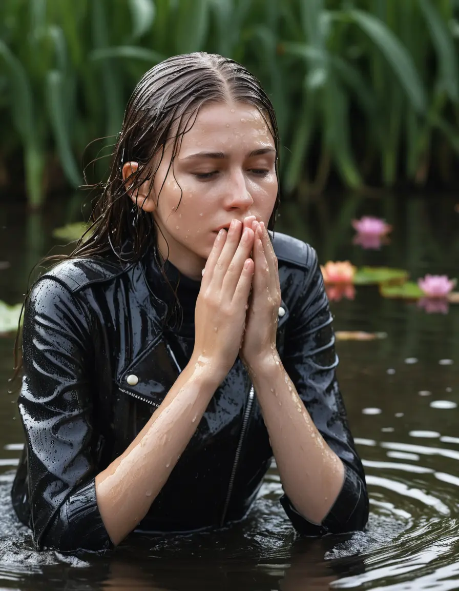 photo of young woman, in soaking wet, drenched clothes,
bare, white pants, slim fit black biker leatherjacket,  tight turtleneck sweater, handbag, pearl necklace, Fifteen years horny blonde teenage girl with her Friends holds her hand over her mouth and nose half submerged in sunny lake with water lilies, 
enjoying, wet clothes stuck to body,
detailed textures of the wet clothes, wet face, wet plastered hair,
wet, drenched, professional, high-quality details, full body view.
sharp focus, ultra-high pixel detail, realistic, high-quality, full colors, incredibly detailed, 4k, 8k, 16k, hyper-realistic, RAW photo, masterpiece, ultra-detailed, professionally color graded, professional photograph, Fifteen years old, completely soaked, completely dripping wet from head to toe, very wet clothes, sleek long straight hair, worried and embarrassed facial expression, slight yawn, moaning,  all girls wear different styles of clothes, she takes her handbag with her in the water, a lot of people stands in the background, close-up, view from above, highly realistic representation, ultra sharp focus, highly photorealistic detailed facial features and expressions, highly photorealistic hands, highly best quality, highly sharp photorealistic image, highly photorealistic details, highest photorealistic wet clothes, full UHD resolution, highest photorealistic sharpness of the image, 32 K