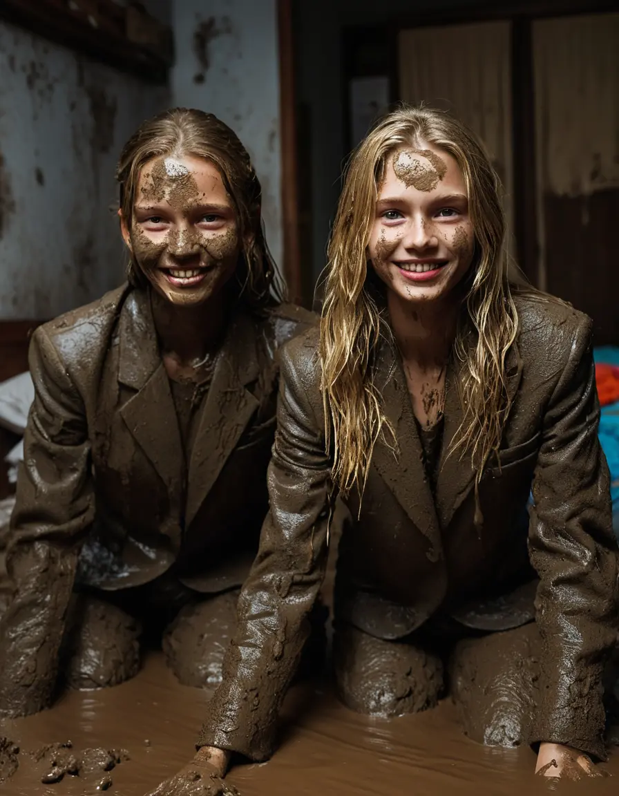 photo of young woman, in soaking wet, drenched clothes,
Muddy high heels, Long very muddy suit pants, Full muddy ruined fully-opened blazer like a fancy uniform over topless with exposed clean boobs., Muddy party in a dark muddy indoor bedroom. Mud splashed walls with mud-flooded floor. Dark mood lighting with pink and blue neon lights. Muddy furnitures and mud-covered bed.., 
enjoying, wet clothes stuck to body,
detailed textures of the wet clothes, wet face, wet plastered hair,
wet, drenched, professional, high-quality details, full body view.
sharp focus, ultra-high pixel detail, realistic, high-quality, full colors, incredibly detailed, 4k, 8k, 16k, hyper-realistic, RAW photo, masterpiece, ultra-detailed, professionally color graded, professional photograph, Two young pretty cute innocent blonde teen 13 years old girls are kneeling on the muddy double bed while they are hugging each other. They are wearing their fully and heavily mud-covered opened suits. Thick mud on their blazers. Every small details of the clothes are muddy, but their faces, their chests and their boobs are clean for the photo. Their blazer has the same colour as their muddy pants. They are proudly wearing their expensive open blazers. The classy elegant room is totally destroyed by mud, deep liquid mud on the bed, on the floor, mud spots everywhere, mud flows down on the walls, muddy pillows, muddy bedsheets. Straight very long open wavy hairstyle, muddy hair, smiling and beautiful clean faces, blue eyes, earrings, lipstick. The girls are enjoying to being total muddy on the bed, being sexy, naughty while they are enjoying the muddy fetish party. Realistic boobs and photorealistic detailed smiling facial expressions. Intimate close-up picture about the women from above. Close-up photo, highly realistic representation, ultra sharp focus, highly photorealistic detailed textures, highly photorealistic detailed facial features and expressions, highly photorealistic hands, highly emotional reactions, highly best quality, highly sharp photorealistic image, highly photorealistic details, full UHD resolution, 32 K, very high level of detail and image sharpness, zoomed in