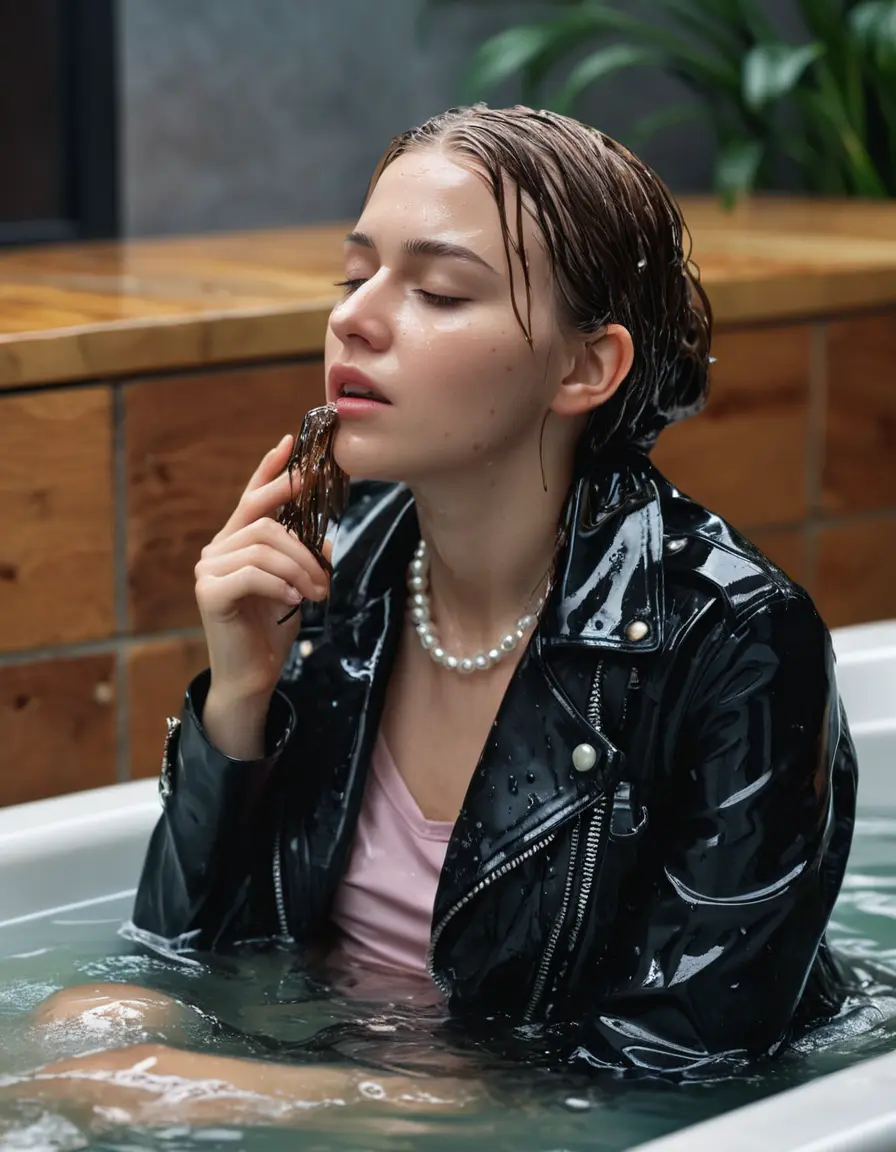 photo of young woman, in soaking wet, drenched clothes,
ankle boots, white Jeans, slim fit black biker leatherjacket,  tight sexy light pink tshirt with wide necklace, handbag, pearl necklace, Fifteen years horny blonde teenage girl with her Friends holds her hand over her mouth and nose is in bath tub, 
enjoying, wet clothes stuck to body,
detailed textures of the wet clothes, wet face, wet plastered hair,
wet, drenched, professional, high-quality details, full body view.
sharp focus, ultra-high pixel detail, realistic, high-quality, full colors, incredibly detailed, 4k, 8k, 16k, hyper-realistic, RAW photo, masterpiece, ultra-detailed, professionally color graded, professional photograph, Fifteen years old, completely soaked, completely dripping wet from head to toe, very wet clothes, sleek long straight hair, worried and embarrassed facial expression, slight yawn, moaning,  all girls wear different styles of clothes, she takes her handbag with her in the water, a lot of people stands in the background, close-up, view from above, highly realistic representation, ultra sharp focus, highly photorealistic detailed facial features and expressions, highly photorealistic hands, highly best quality, highly sharp photorealistic image, highly photorealistic details, highest photorealistic wet clothes, full UHD resolution, highest photorealistic sharpness of the image, 32 K