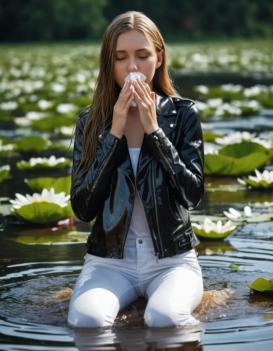 photo of young woman, in soaking wet, drenched clothes,
bare, white pants, slim fit black biker leatherjacket,  tight white turtleneck sweater, handbag, pearl necklace, Fifteen years horny blonde teenage girl with her Friends holds her hand over her mouth and nose half submerged in sunny lake with water lilies, 
enjoying, wet clothes stuck to body,
detailed textures of the wet clothes, wet face, wet plastered hair,
wet, drenched, professional, high-quality details, full body view.
sharp focus, ultra-high pixel detail, realistic, high-quality, full colors, incredibly detailed, 4k, 8k, 16k, hyper-realistic, RAW photo, masterpiece, ultra-detailed, professionally color graded, professional photograph, Fifteen years old, completely soaked, completely dripping wet from head to toe, very wet clothes, sleek long straight hair, worried and embarrassed facial expression, slight yawn, moaning,  all girls wear different styles of clothes, she takes her handbag with her in the water, a lot of people stands in the background, close-up, view from above, highly realistic representation, ultra sharp focus, highly photorealistic detailed facial features and expressions, highly photorealistic hands, highly best quality, highly sharp photorealistic image, highly photorealistic details, highest photorealistic wet clothes, full UHD resolution, highest photorealistic sharpness of the image, 32 K