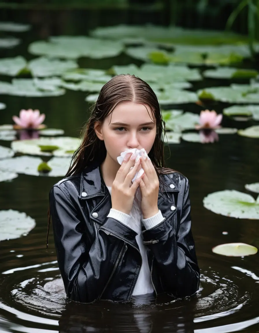 photo of young woman, in soaking wet, drenched clothes,
bare, Super Short jeans, slim fit black biker leatherjacket,  tight white turtleneck sweater, handbag, pearl necklace, Fifteen years horny blonde teenage girl with her Friends holds her hand over her mouth and nose half submerged in sunny lake with water lilies, open mouth, big eyes, 
enjoying, wet clothes stuck to body,
detailed textures of the wet clothes, wet face, wet plastered hair,
wet, drenched, professional, high-quality details, full body view.
sharp focus, ultra-high pixel detail, realistic, high-quality, full colors, incredibly detailed, 4k, 8k, 16k, hyper-realistic, RAW photo, masterpiece, ultra-detailed, professionally color graded, professional photograph, Fifteen years old, completely soaked, completely dripping wet from head to toe, very wet clothes, sleek long straight hair, worried and embarrassed facial expression, slight yawn, moaning,  all girls wear different styles of clothes, she takes her handbag with her in the water, a lot of people stands in the background, close-up, view from above, highly realistic representation, ultra sharp focus, highly photorealistic detailed facial features and expressions, highly photorealistic hands, highly best quality, highly sharp photorealistic image, highly photorealistic details, highest photorealistic wet clothes, full UHD resolution, highest photorealistic sharpness of the image, 32 K