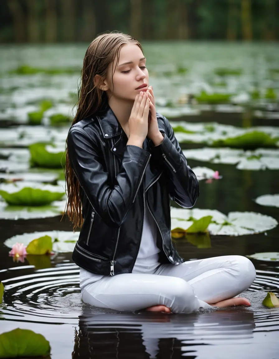 photo of young woman, in soaking wet, drenched clothes,
bare, white pants, slim fit black biker leatherjacket,  tight white turtleneck sweater, handbag, pearl necklace, Fifteen years horny blonde teenage girl with her Friends holds her hand over her mouth and nose half submerged in sunny lake with water lilies, 
enjoying, wet clothes stuck to body,
detailed textures of the wet clothes, wet face, wet plastered hair,
wet, drenched, professional, high-quality details, full body view.
sharp focus, ultra-high pixel detail, realistic, high-quality, full colors, incredibly detailed, 4k, 8k, 16k, hyper-realistic, RAW photo, masterpiece, ultra-detailed, professionally color graded, professional photograph, Fifteen years old, completely soaked, completely dripping wet from head to toe, very wet clothes, sleek long straight hair, worried and embarrassed facial expression, slight yawn, moaning,  all girls wear different styles of clothes, she takes her handbag with her in the water, a lot of people stands in the background, close-up, view from above, highly realistic representation, ultra sharp focus, highly photorealistic detailed facial features and expressions, highly photorealistic hands, highly best quality, highly sharp photorealistic image, highly photorealistic details, highest photorealistic wet clothes, full UHD resolution, highest photorealistic sharpness of the image, 32 K