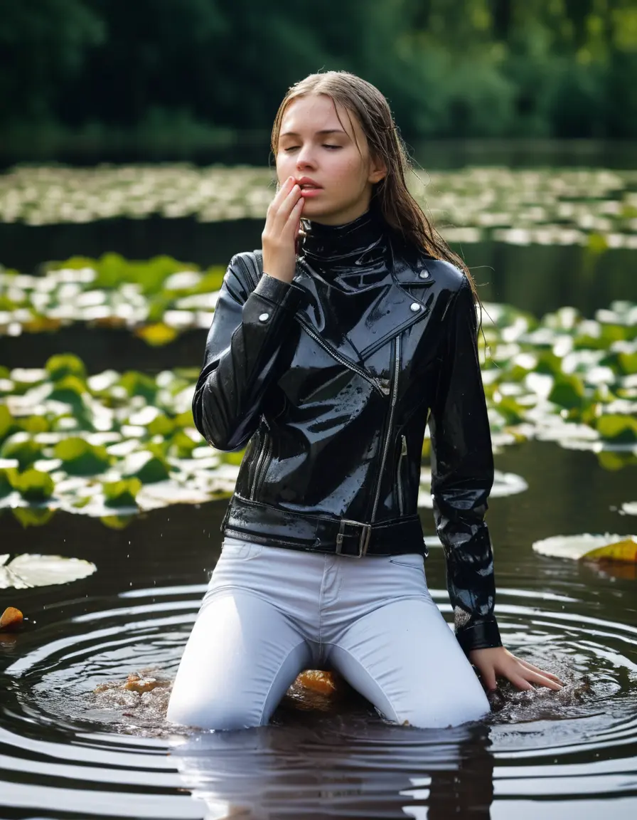 photo of young woman, in soaking wet, drenched clothes,
ankle boots, white pants, slim fit black biker leatherjacket,  tight turtleneck sweater, handbag, pearl necklace, Fifteen years old shocked horny blonde teenage girl with her Friends holds her hand over her mouth and nose half submerged in sunny lake with water lilies after a dip, 
enjoying, wet clothes stuck to body,
detailed textures of the wet clothes, wet face, wet plastered hair,
wet, drenched, professional, high-quality details, full body view.
sharp focus, ultra-high pixel detail, realistic, high-quality, full colors, incredibly detailed, 4k, 8k, 16k, hyper-realistic, RAW photo, masterpiece, ultra-detailed, professionally color graded, professional photograph, Fifteen years old, completely soaked, completely dripping wet from head to toe, very wet clothes, sleek long straight hair, worried and embarrassed facial expression, slight yawn, moaning,  all girls wear different styles of clothes, she takes her handbag with her in the water, a lot of people stands in the background, close-up, view from above, highly realistic representation, ultra sharp focus, highly photorealistic detailed facial features and expressions, highly photorealistic hands, highly best quality, highly sharp photorealistic image, highly photorealistic details, highest photorealistic wet clothes, full UHD resolution, highest photorealistic sharpness of the image, 32 K